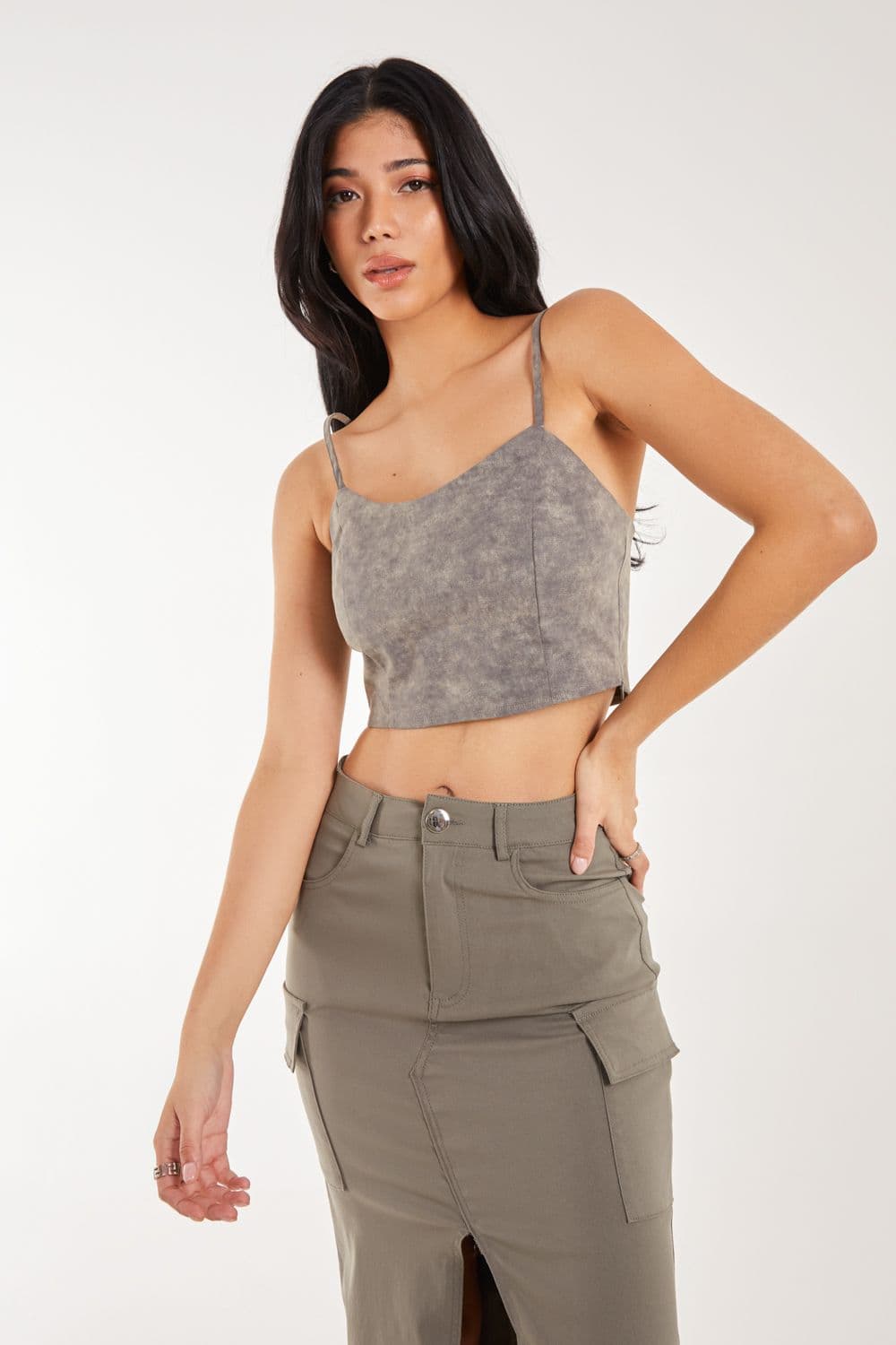 Pink Vanilla Women's Stone Washed Stretch Crop Top in Khaki
