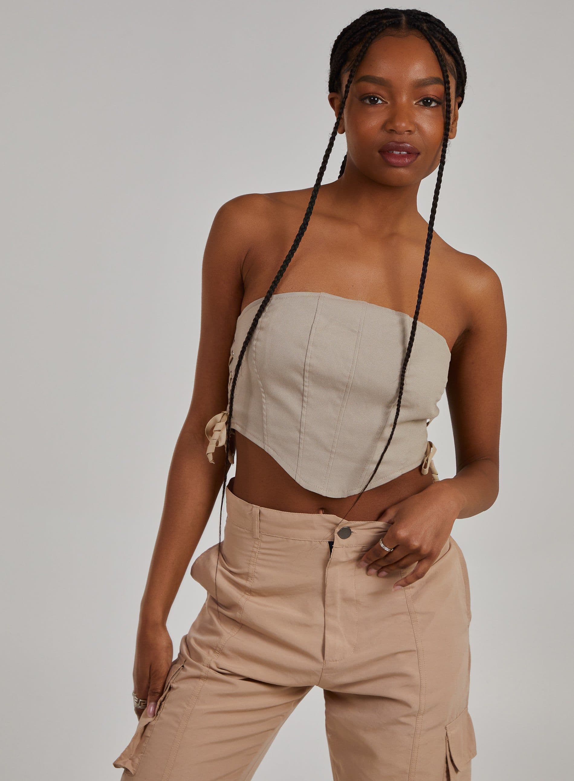 Pink Vanilla Women's Cargo Lace Up Corset Top in Stone