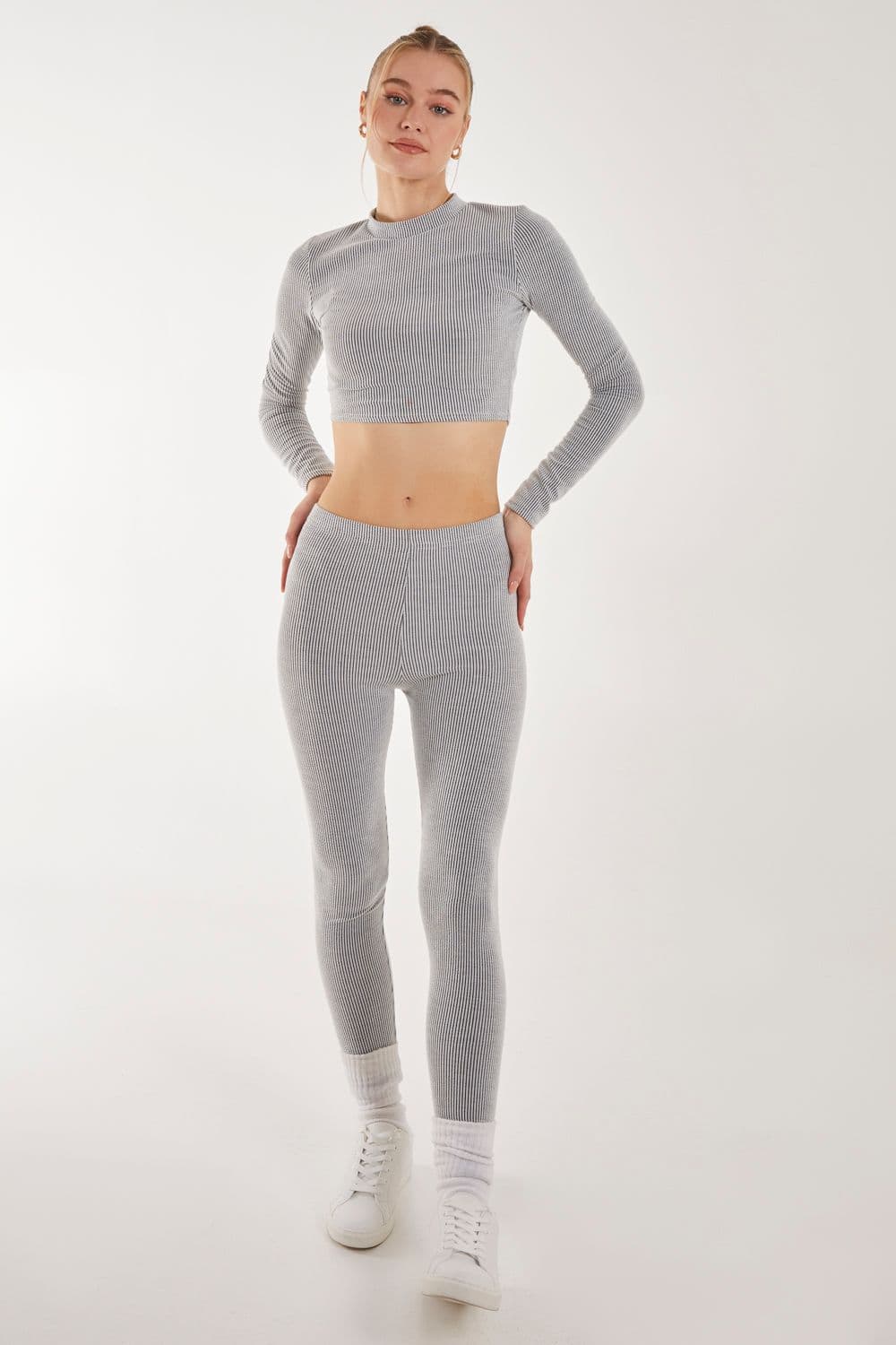 Pink Vanilla Women's Two Tone Rib Long Sleeve Top in Grey