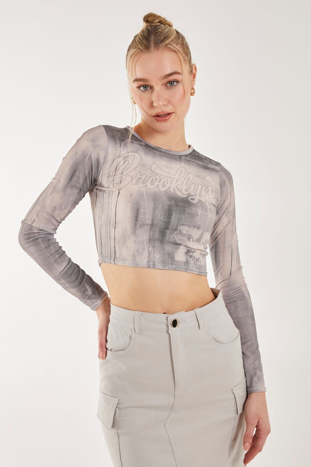 Pink Vanilla Women's Washed Print Long Sleeve Brooklyn Top in Grey