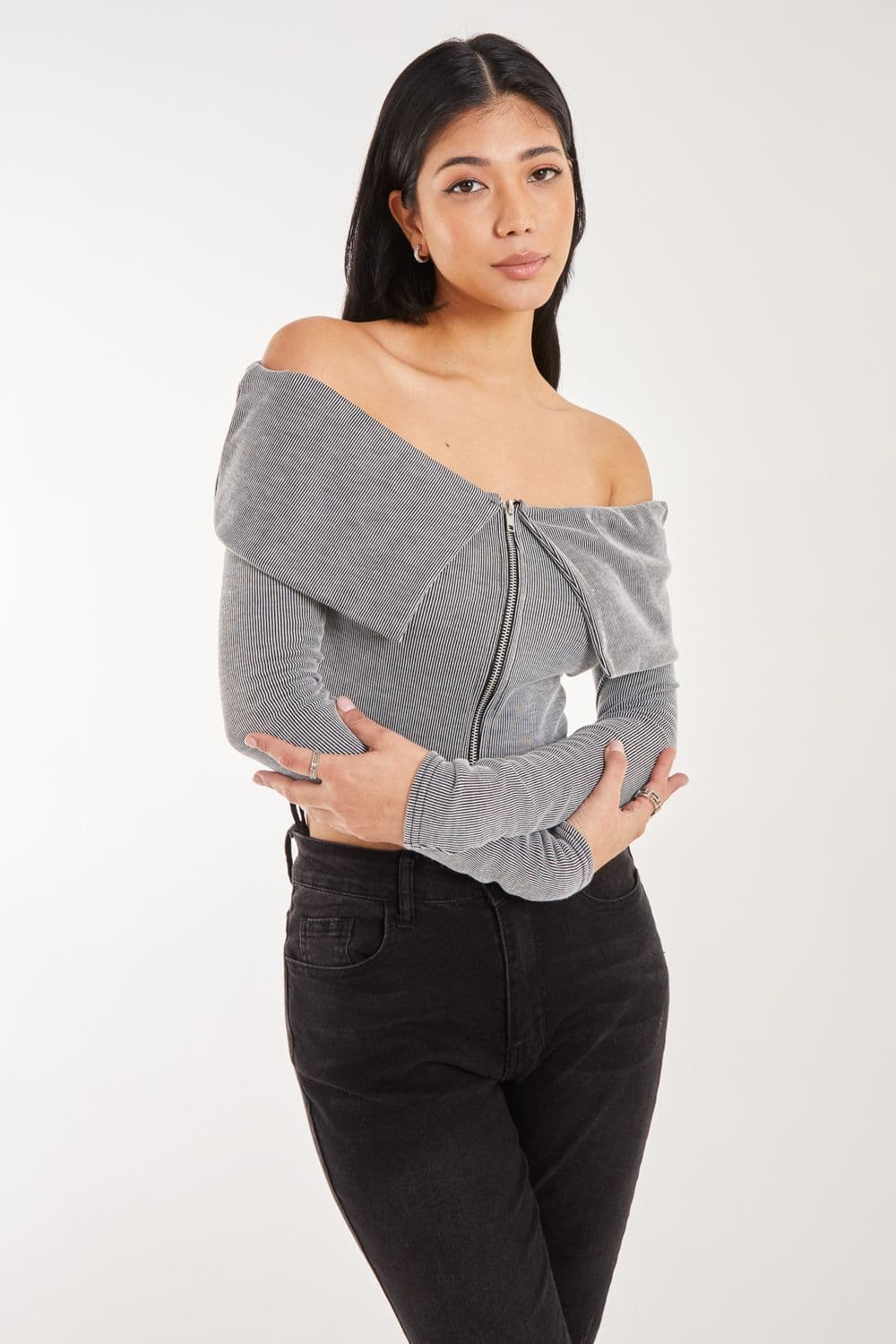 Pink Vanilla Women's Fold Over Zip Bardot Top in Grey