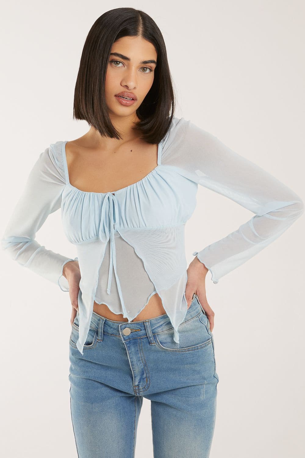 Pink Vanilla Women's Butterfly Long Sleeve Mesh Top in Blue