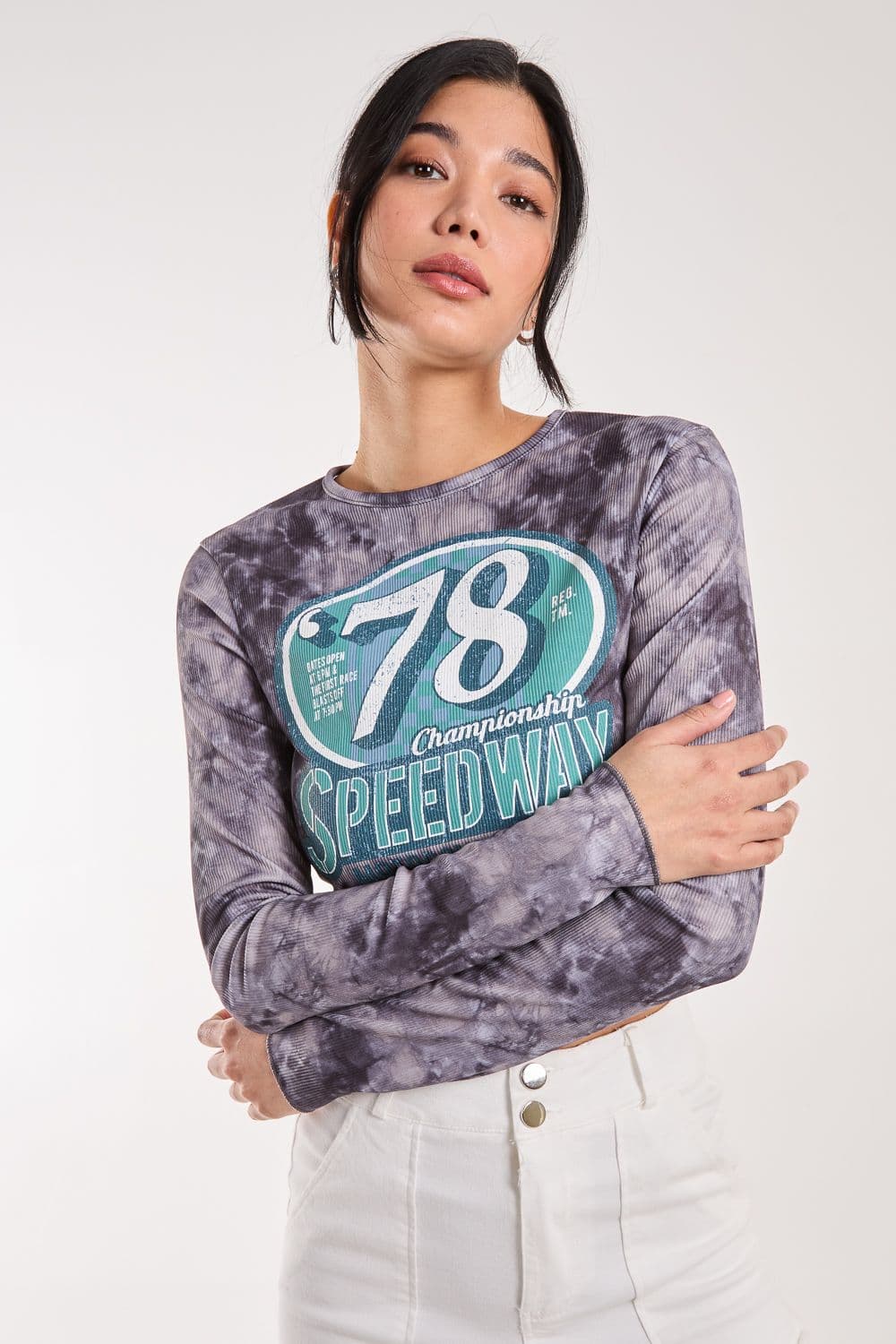 Pink Vanilla Women's Racer Washed Printed Long Sleeve Top in Blue