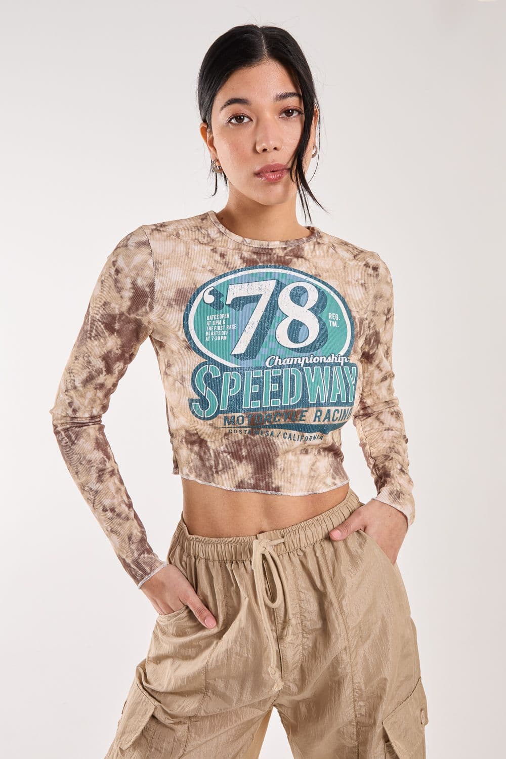 Pink Vanilla Women's Racer Washed Printed Long Sleeve Top in Khaki