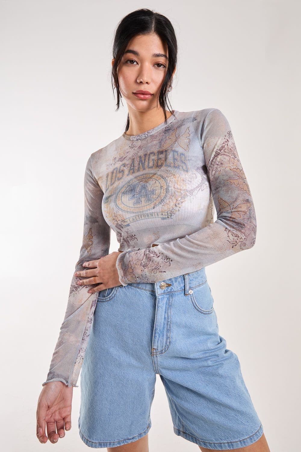 Pink Vanilla Women's Mesh Printed LA Long Sleeve Top in Blue