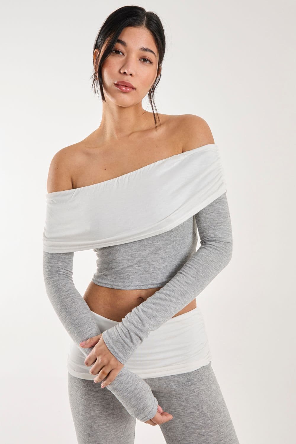 Pink Vanilla Women's Two Tone Bardot Top in Grey