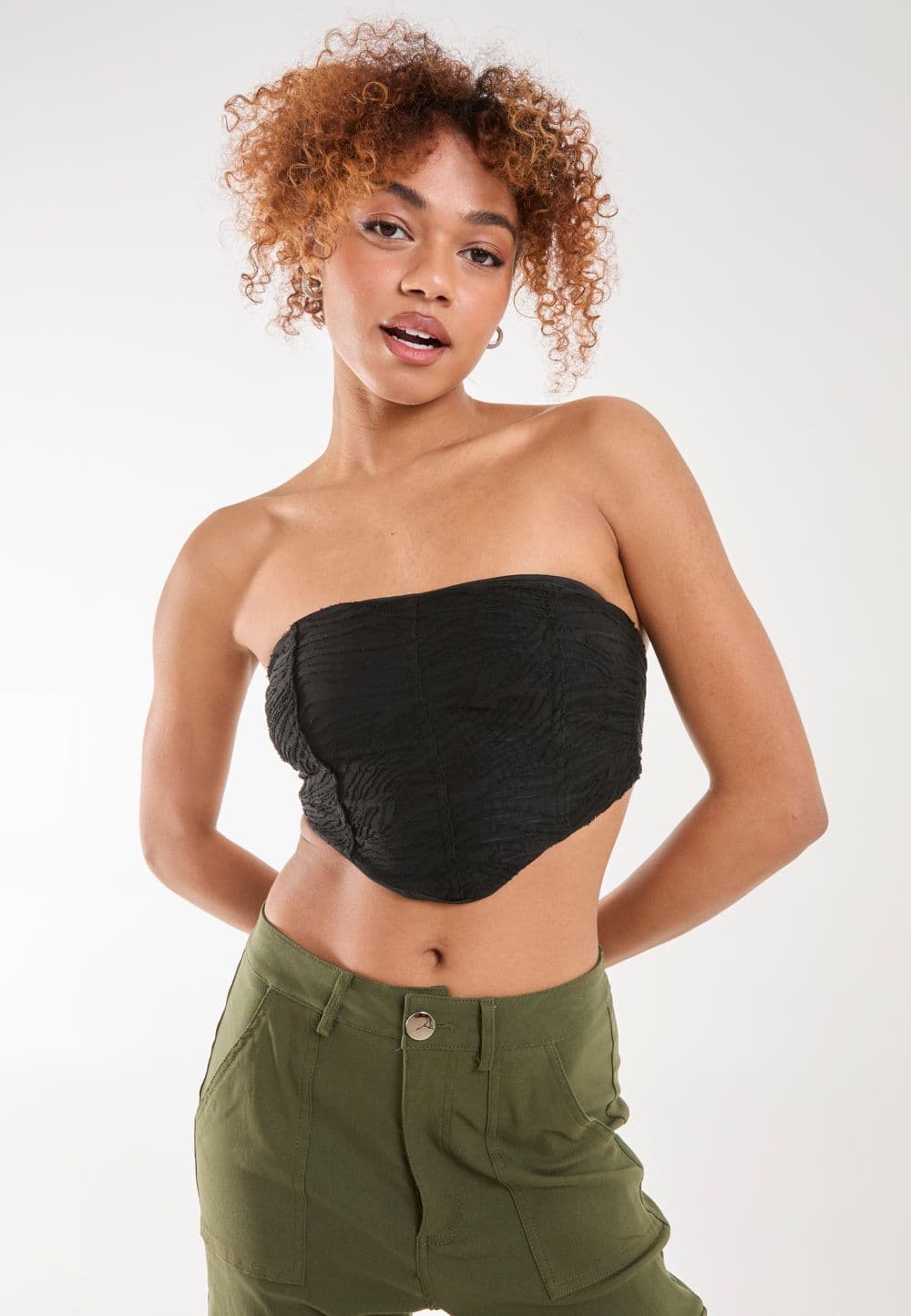 Pink Vanilla Women's Tiger Print Textured Corset Top in Black