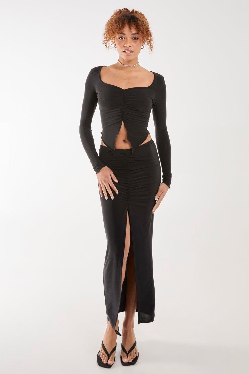 Pink Vanilla Women's Slinky Ruched Maxi Skirt in Black
