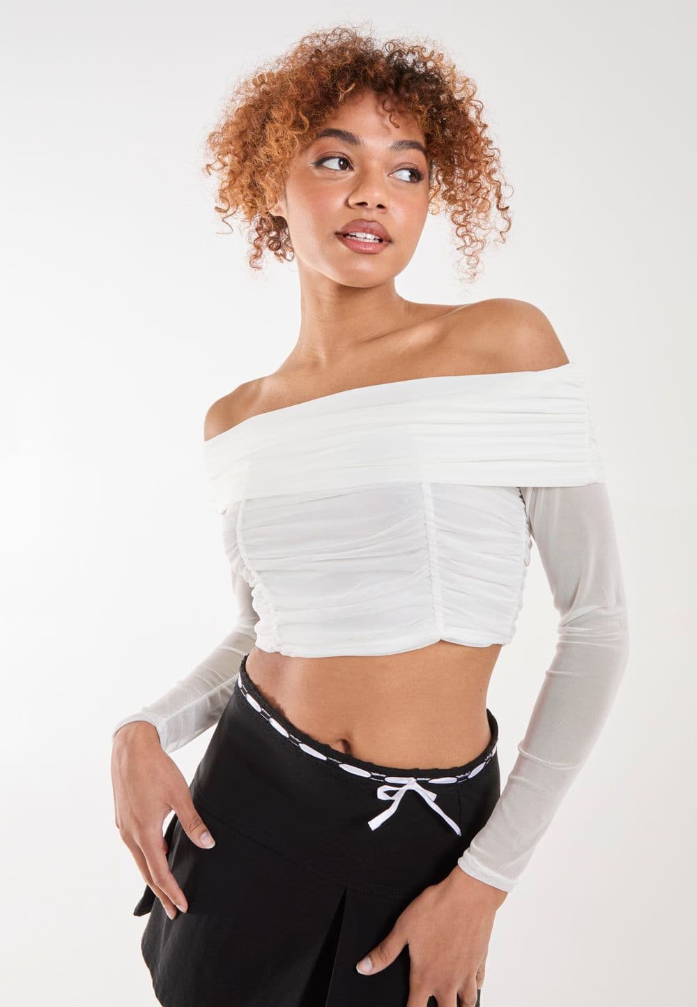 Pink Vanilla Women's Bardot Mesh Long Sleeve Top in Ivory