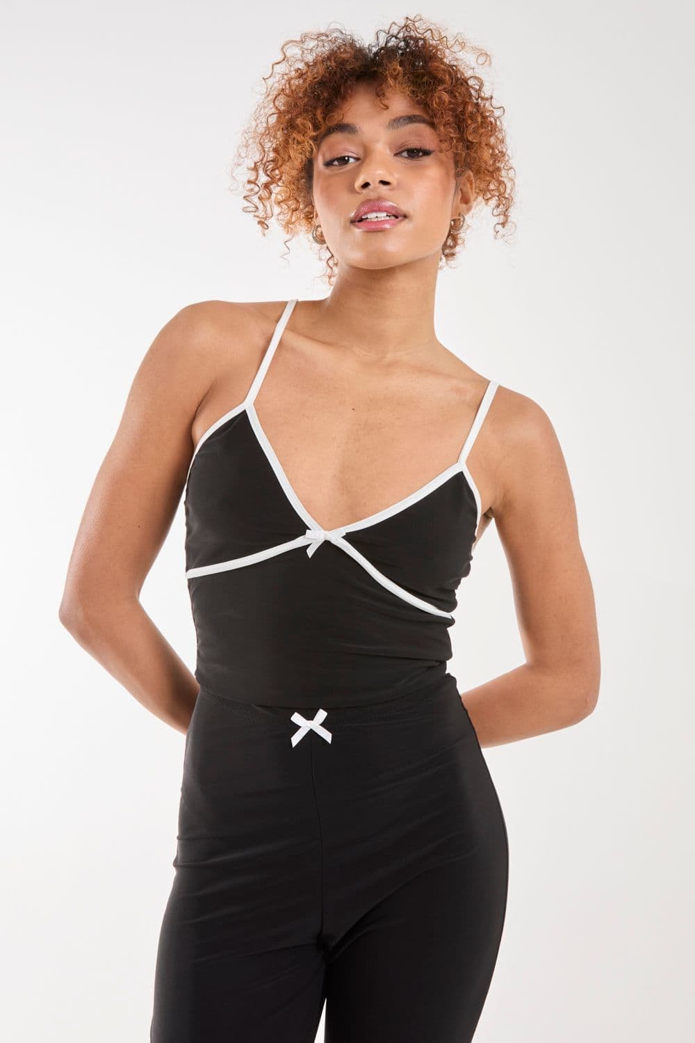 Pink Vanilla Women's Bow Detail Piping Strappy Vest in Black