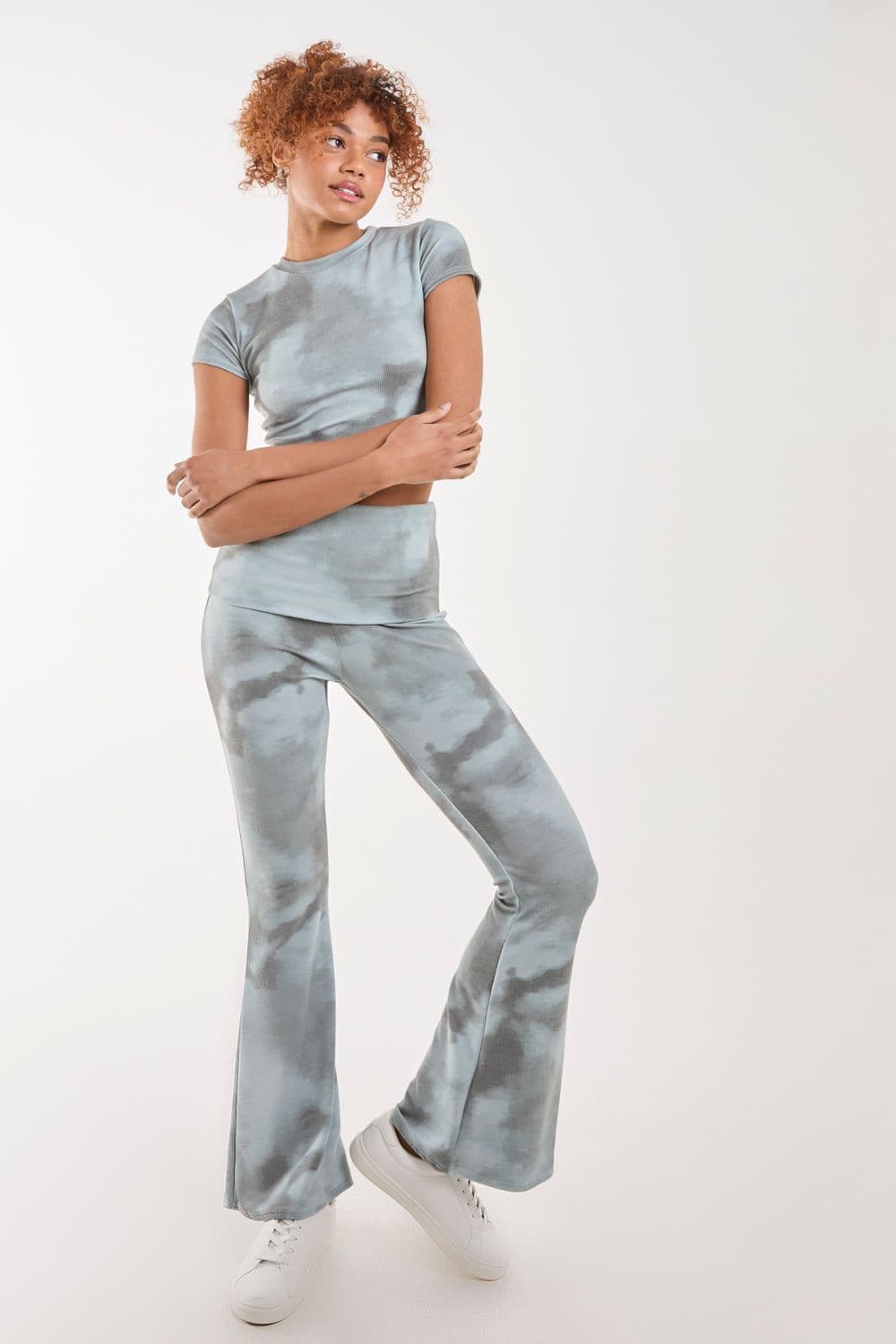 Pink Vanilla Women's Tie Dye Rib Fold Over Flares in Green