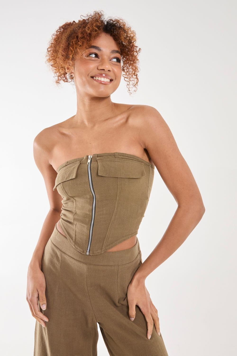Pink Vanilla Women's Linen Cargo Corset Top in Khaki