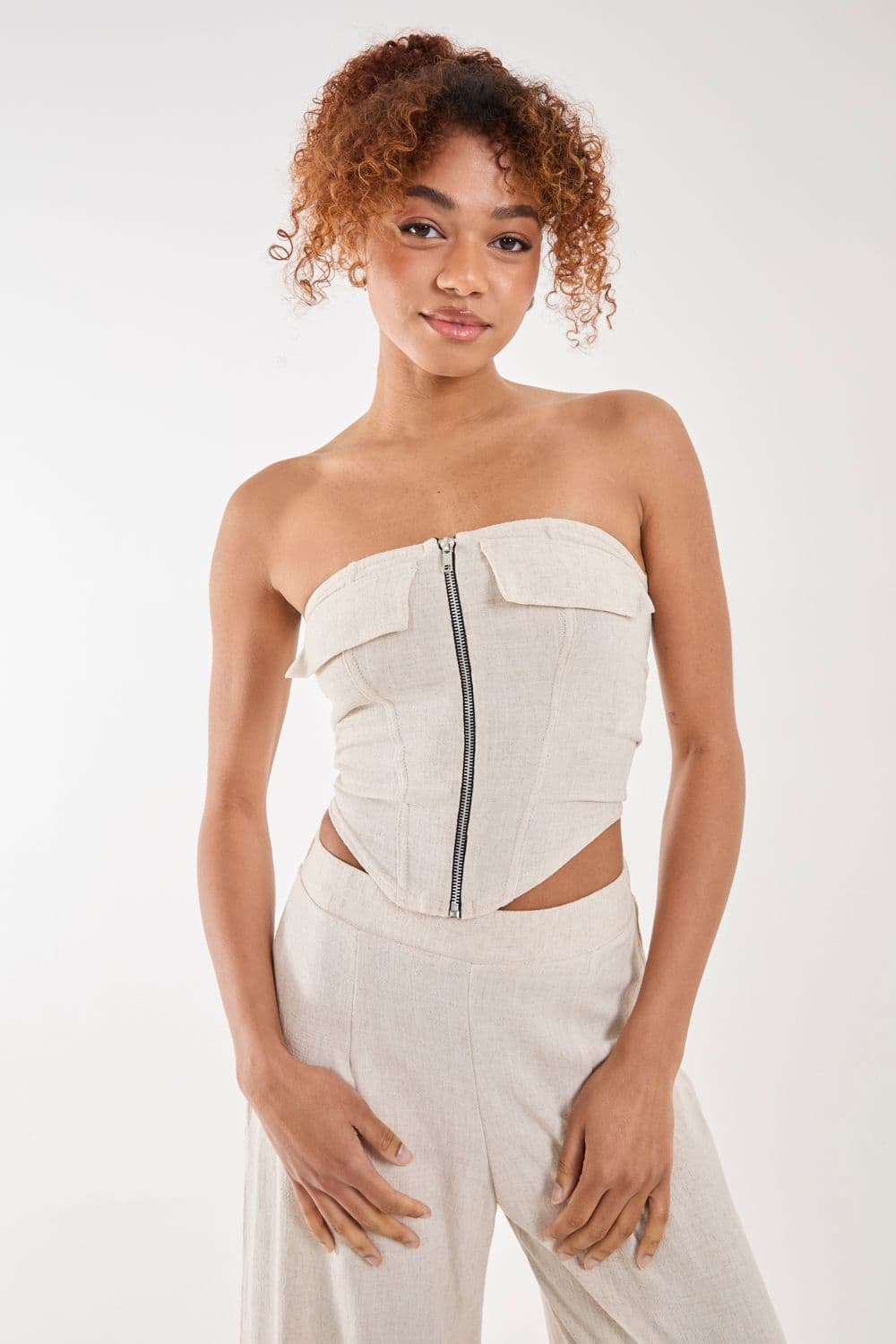 Pink Vanilla Women's Linen Cargo Corset Top in Stone