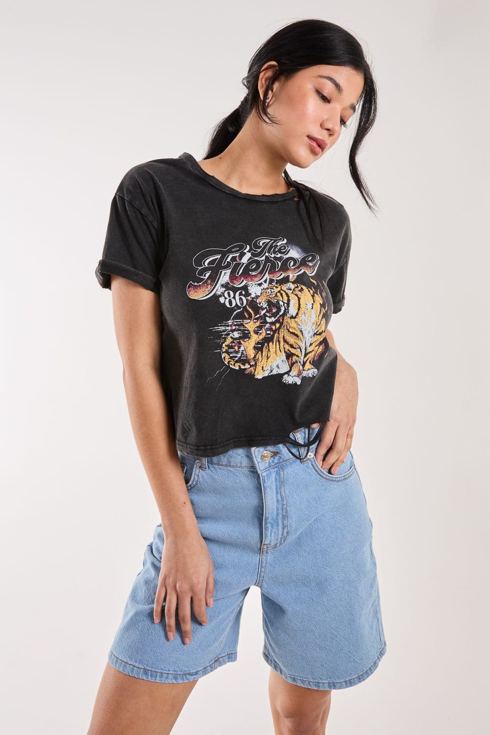 Pink Vanilla Women's Fierce Graphic Distressed Washed Tee in Black