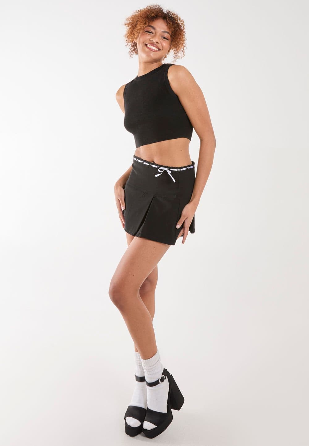 Pink Vanilla Women's Bengaline Bow Detail Mini Skirt in Black