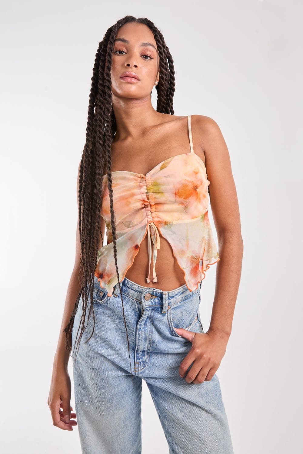 Pink Vanilla Women's Distressed Mesh Butterfly Cami Top in Orange