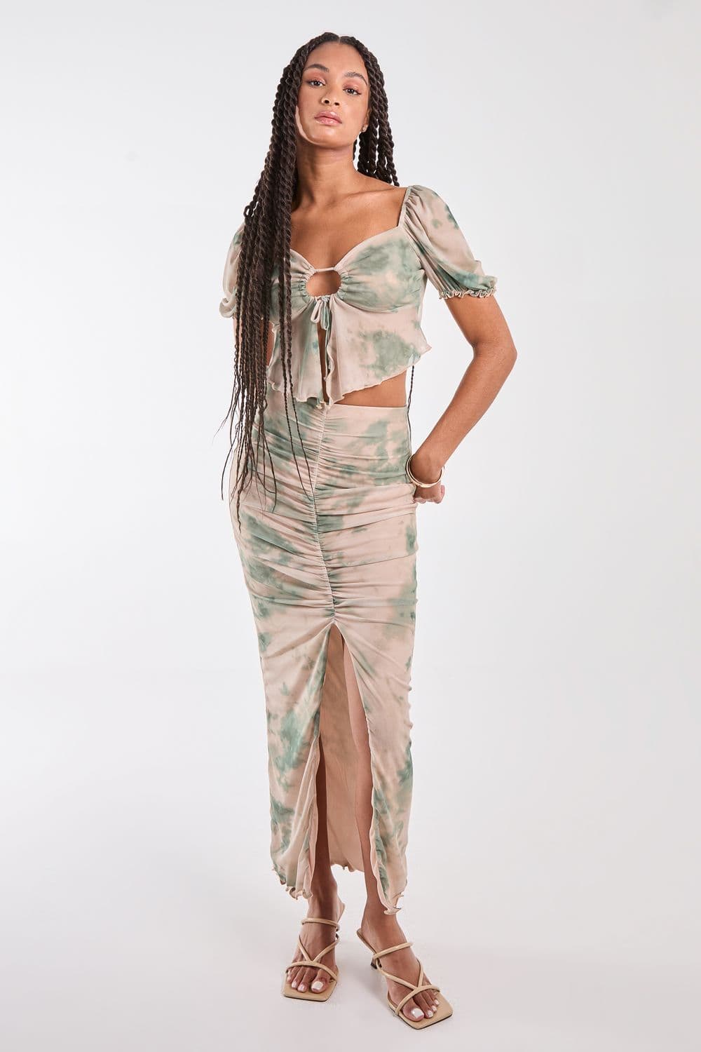 Pink Vanilla Women's Tie Dye Ruched Split Maxi Skirt in Khaki