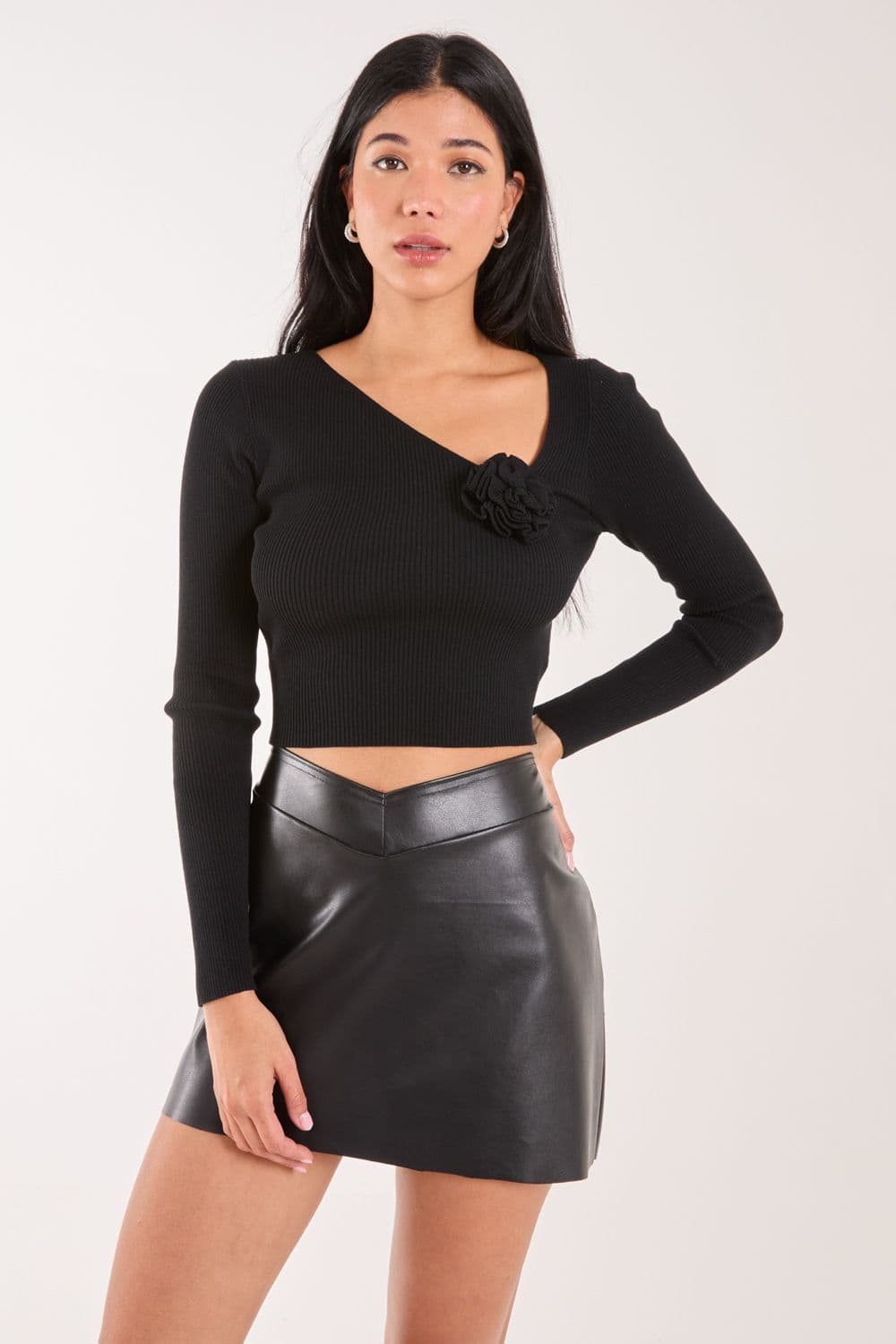 Pink Vanilla Women's Corsage Knit Long Sleeve Top in Black
