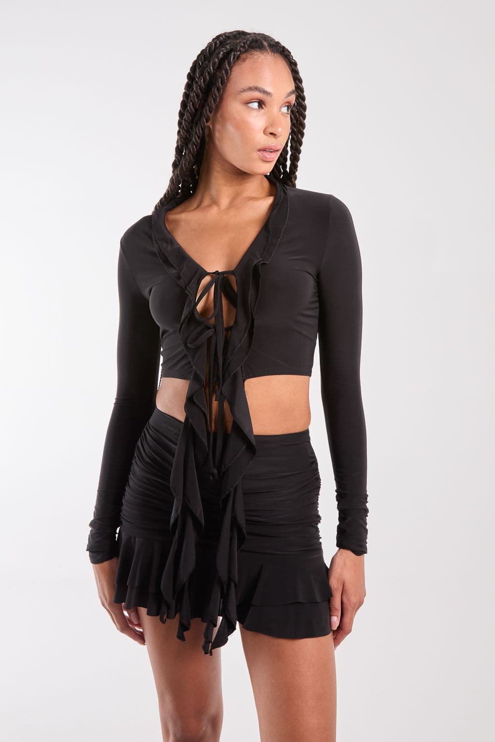 Pink Vanilla Women's Long Sleeve Slinky Ruffle Top in Black