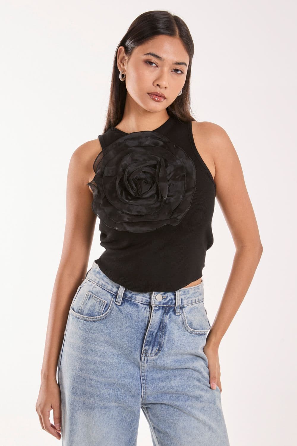 Pink Vanilla Women's Oversized Ruffle Corsage Top in Black