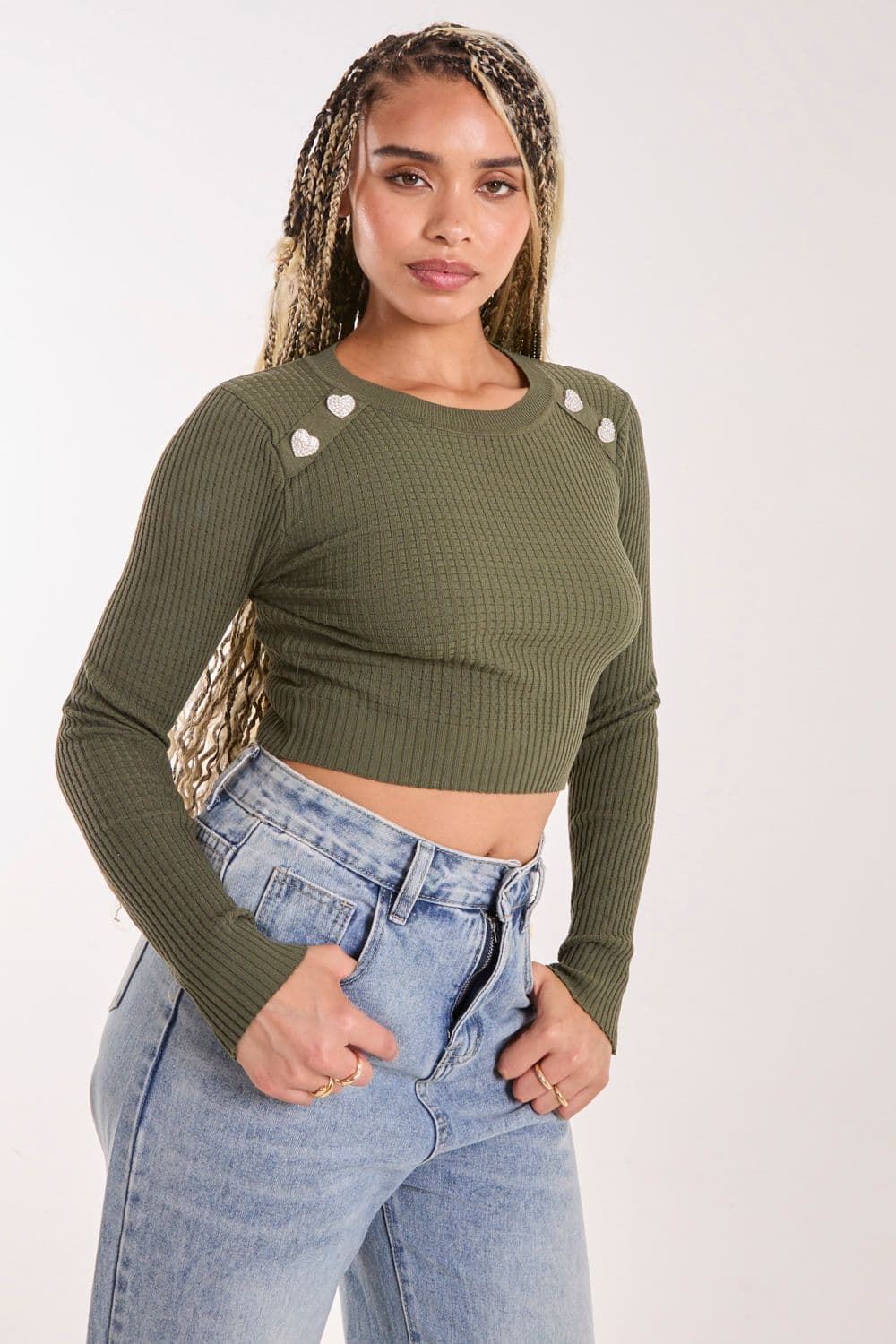 Pink Vanilla Women's Heart Embellishment Rib Knit Top in Khaki