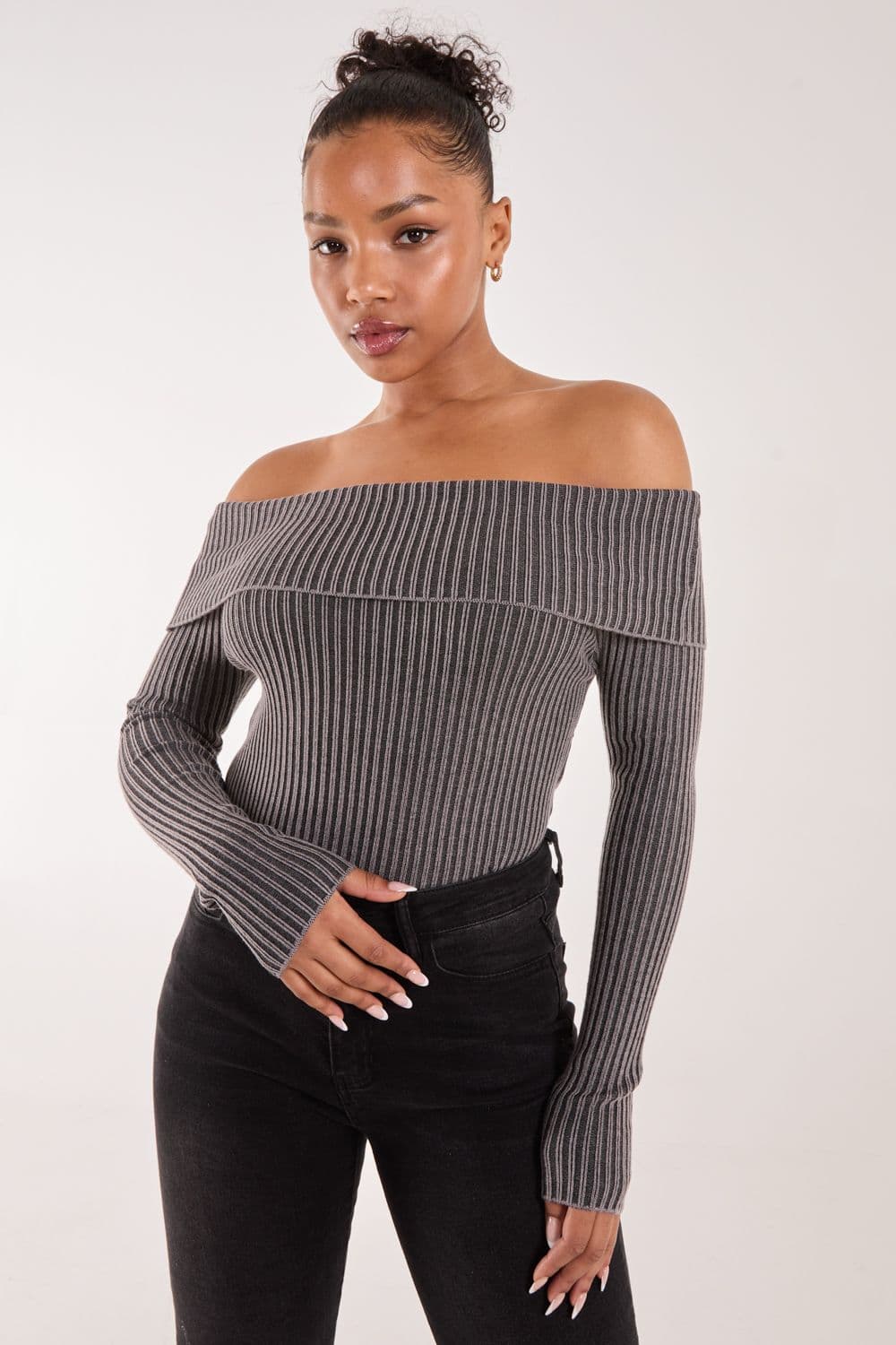 Pink Vanilla Women's Two Tone Rib Bardot Top in Black