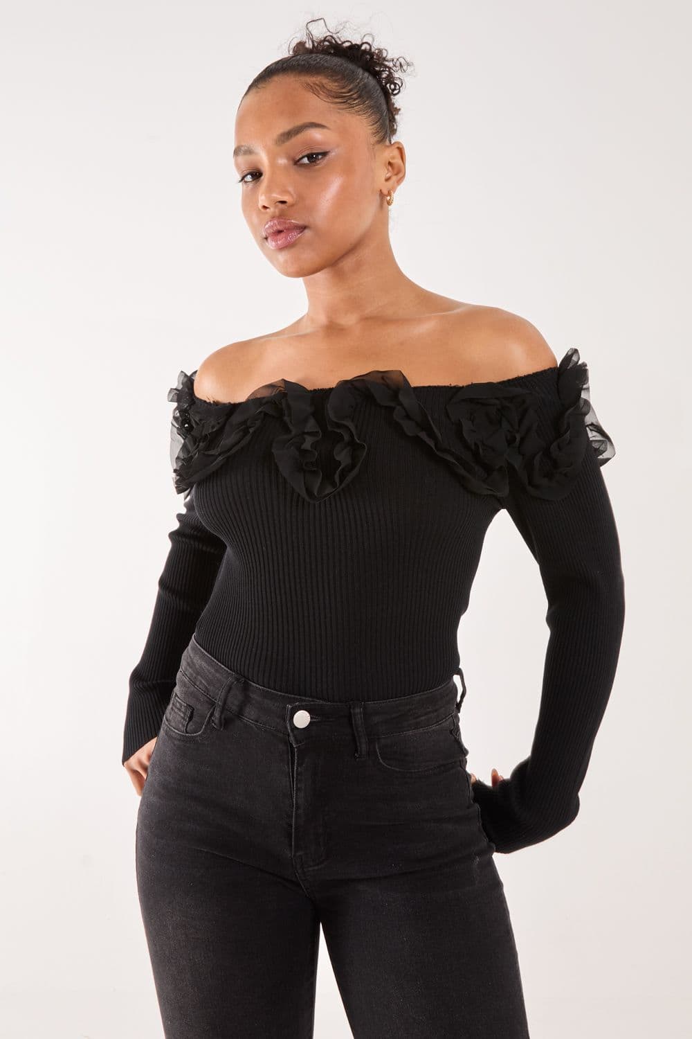 Pink Vanilla Women's Ruffle Bardot Knit Top in Black