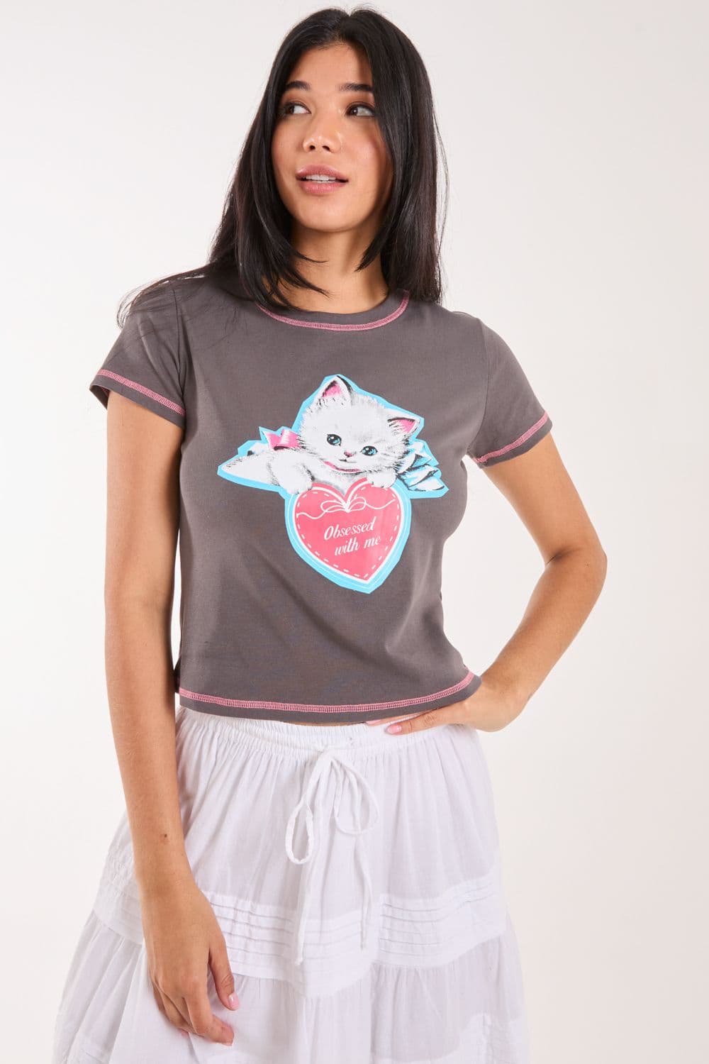 Pink Vanilla Women's Kitten Print Baby Tee in Grey