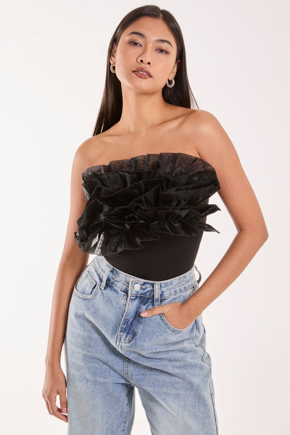 Pink Vanilla Women's Corsage Front Ruffle Bodysuit in Black