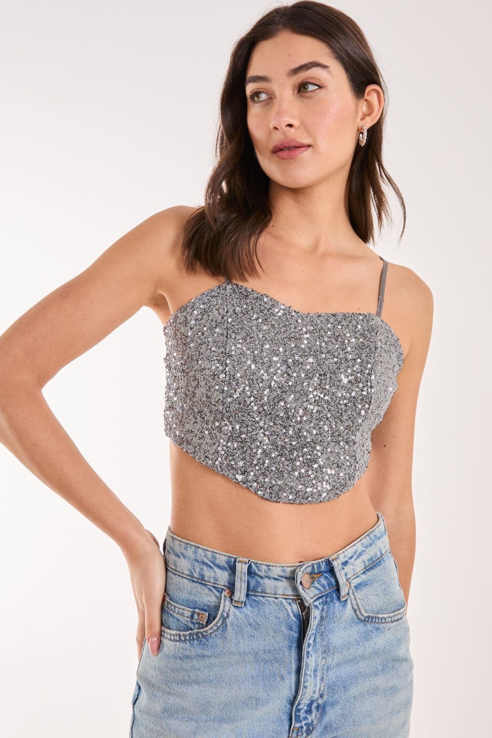 Pink Vanilla Women's Sequin Corset Top in Grey