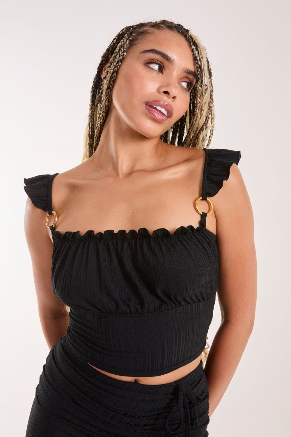 Pink Vanilla Women's Frill Strap & Trim Crop Top in Black