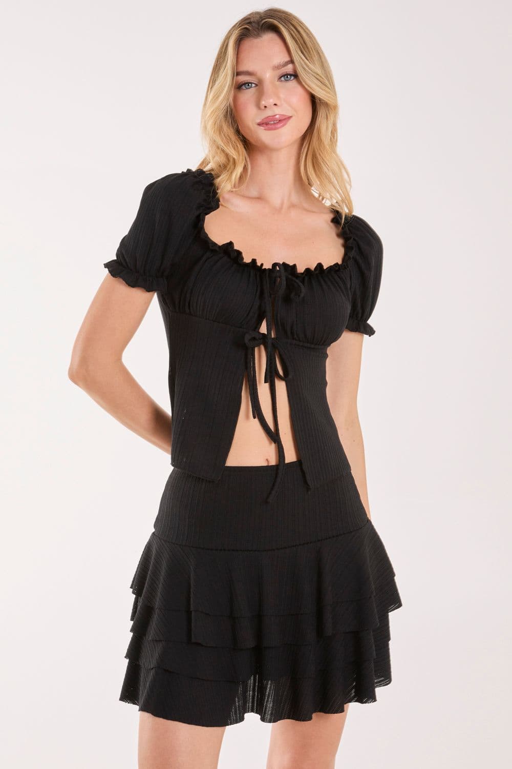 Pink Vanilla Women's Tie Front Puff Sleeve Top in Black