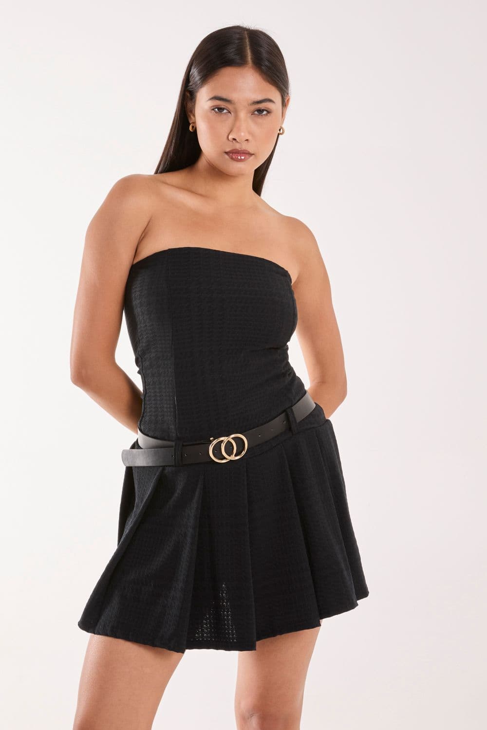 Pink Vanilla Women's Dogtooth Belt Pleat Dress in Black