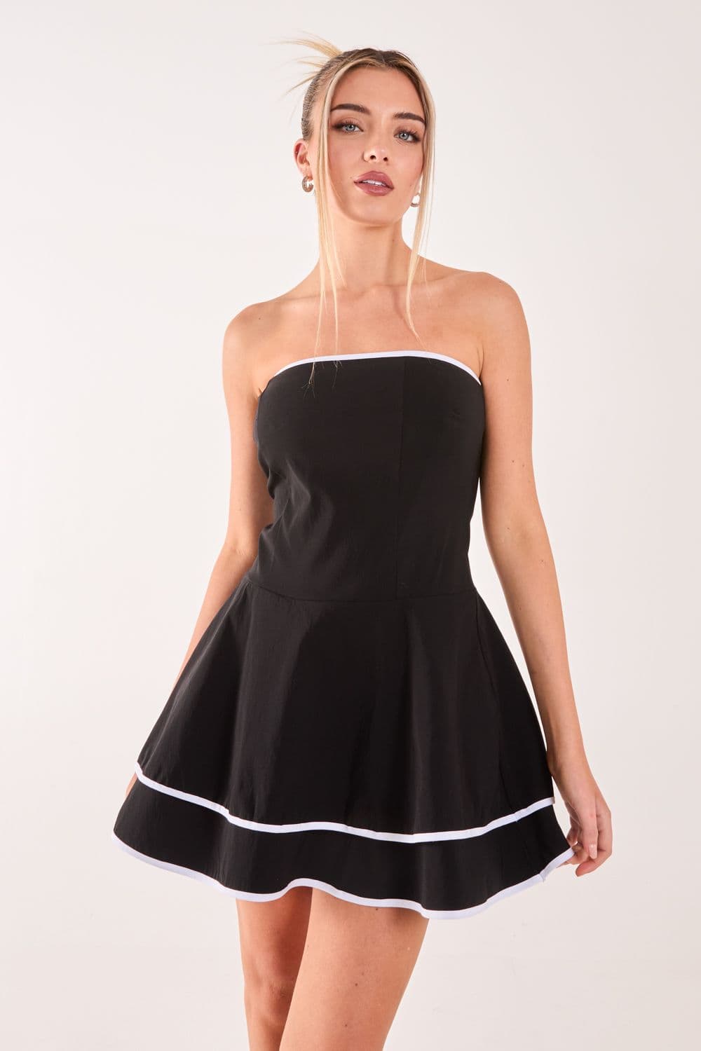 Pink Vanilla Women's Bandeau Contrast Binding Mini Dress in Black