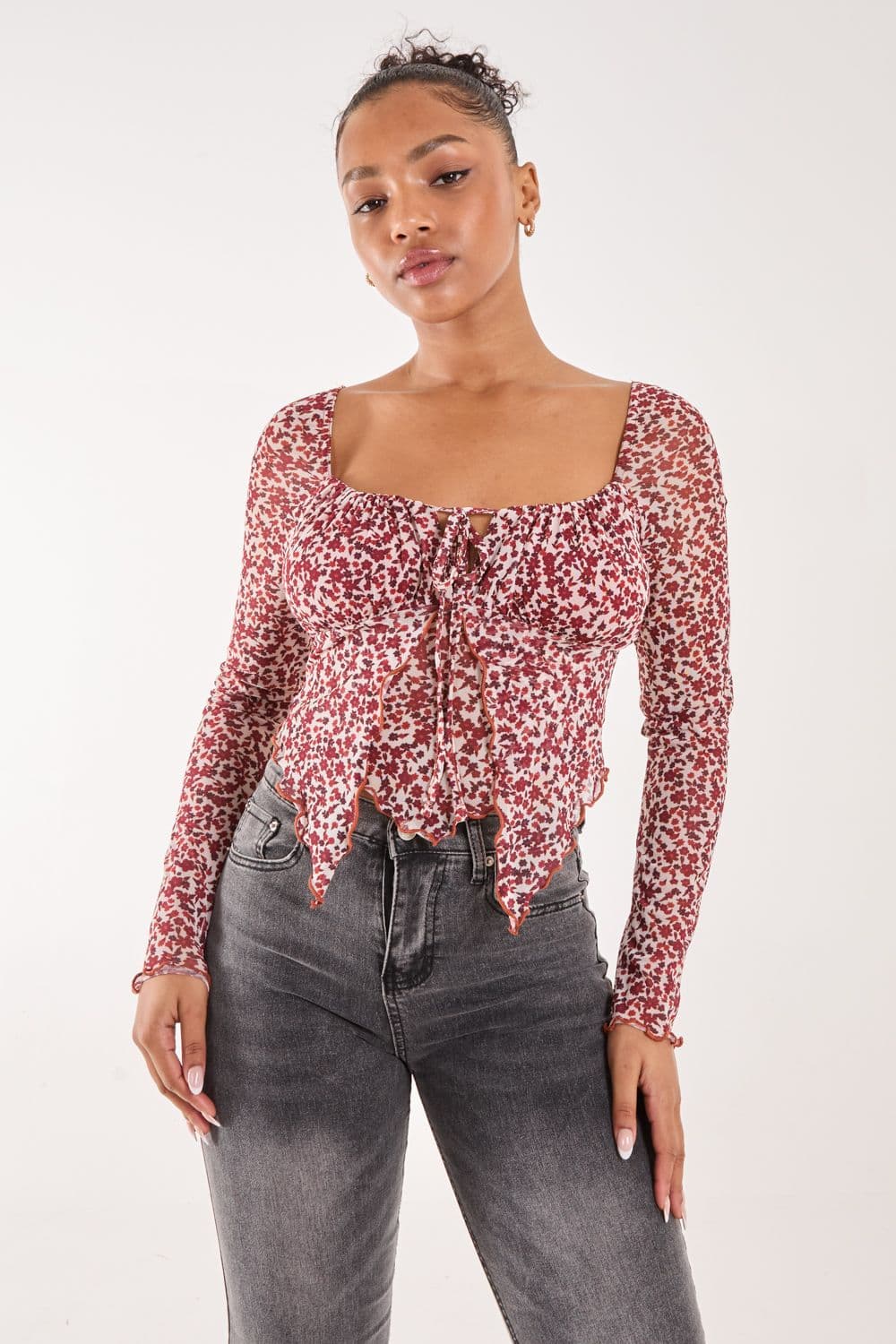 Pink Vanilla Women's Ditsy Floral Print Long Sleeve Butterfly Top in Red