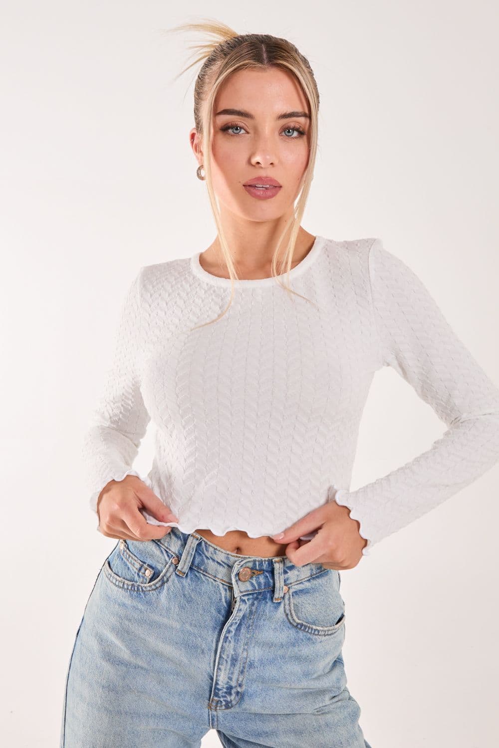 Pink Vanilla Women's Zig Zag Jersey Long Sleeve Top in Ivory