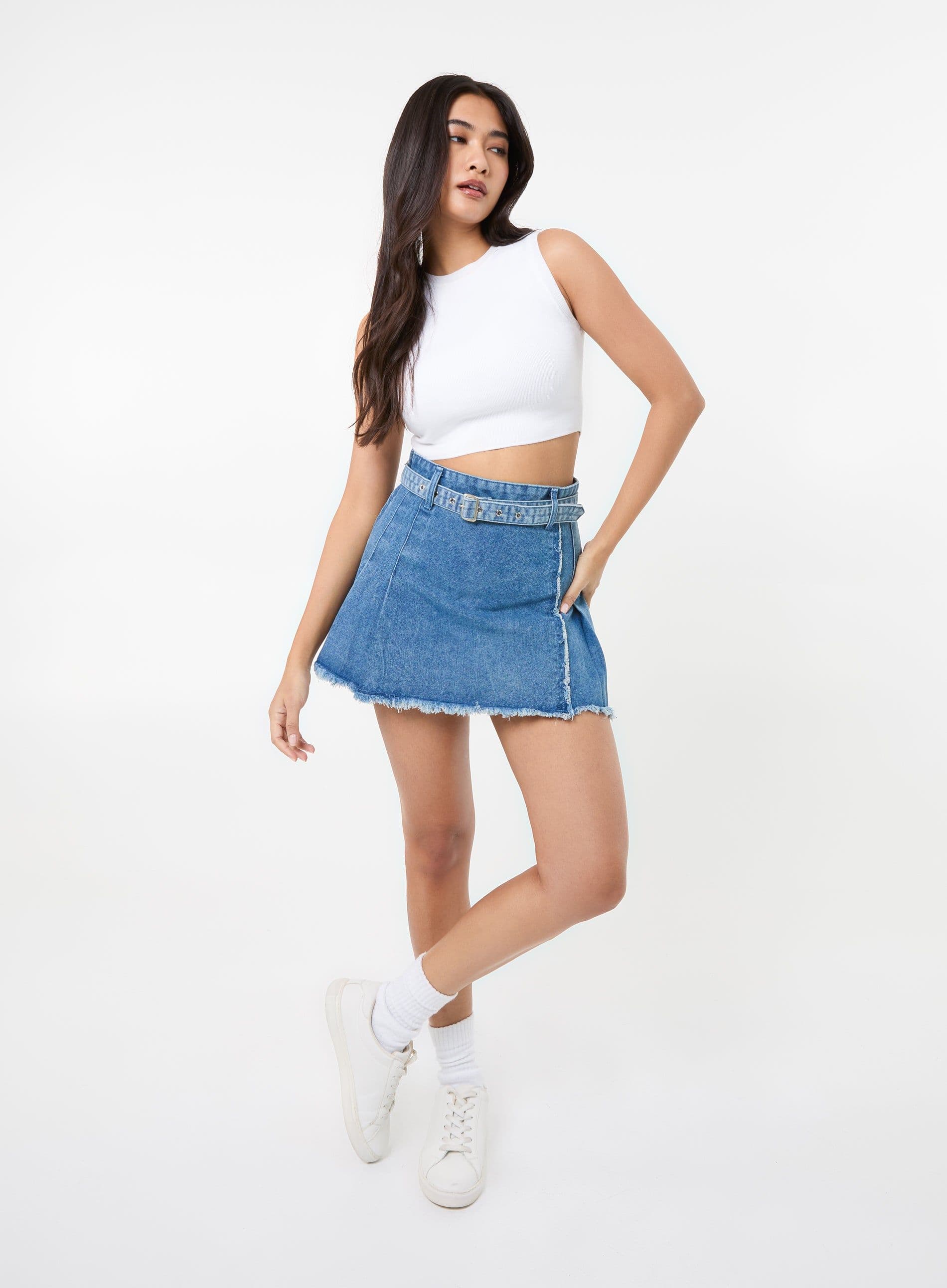Pink Vanilla Women's Belt Denim Pleated Mini Skirt in Blue