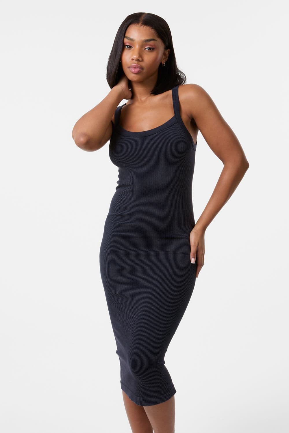 Pink Vanilla Women's Washed Ribbed Racer Dress in Black