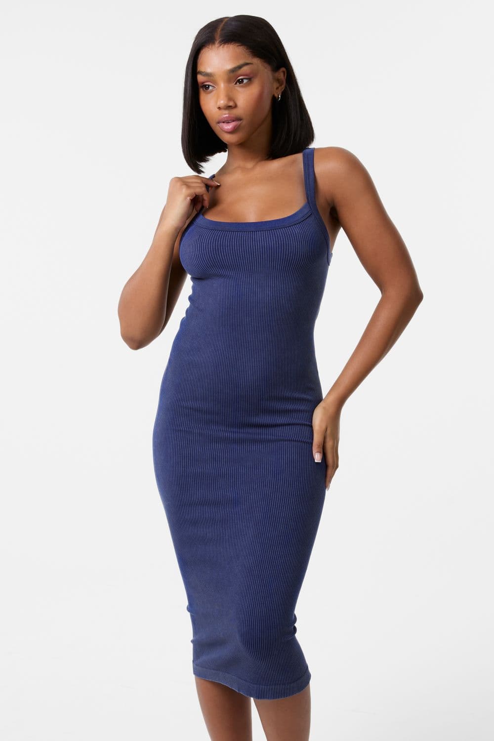 Pink Vanilla Women's Washed Ribbed Racer Dress in Navy