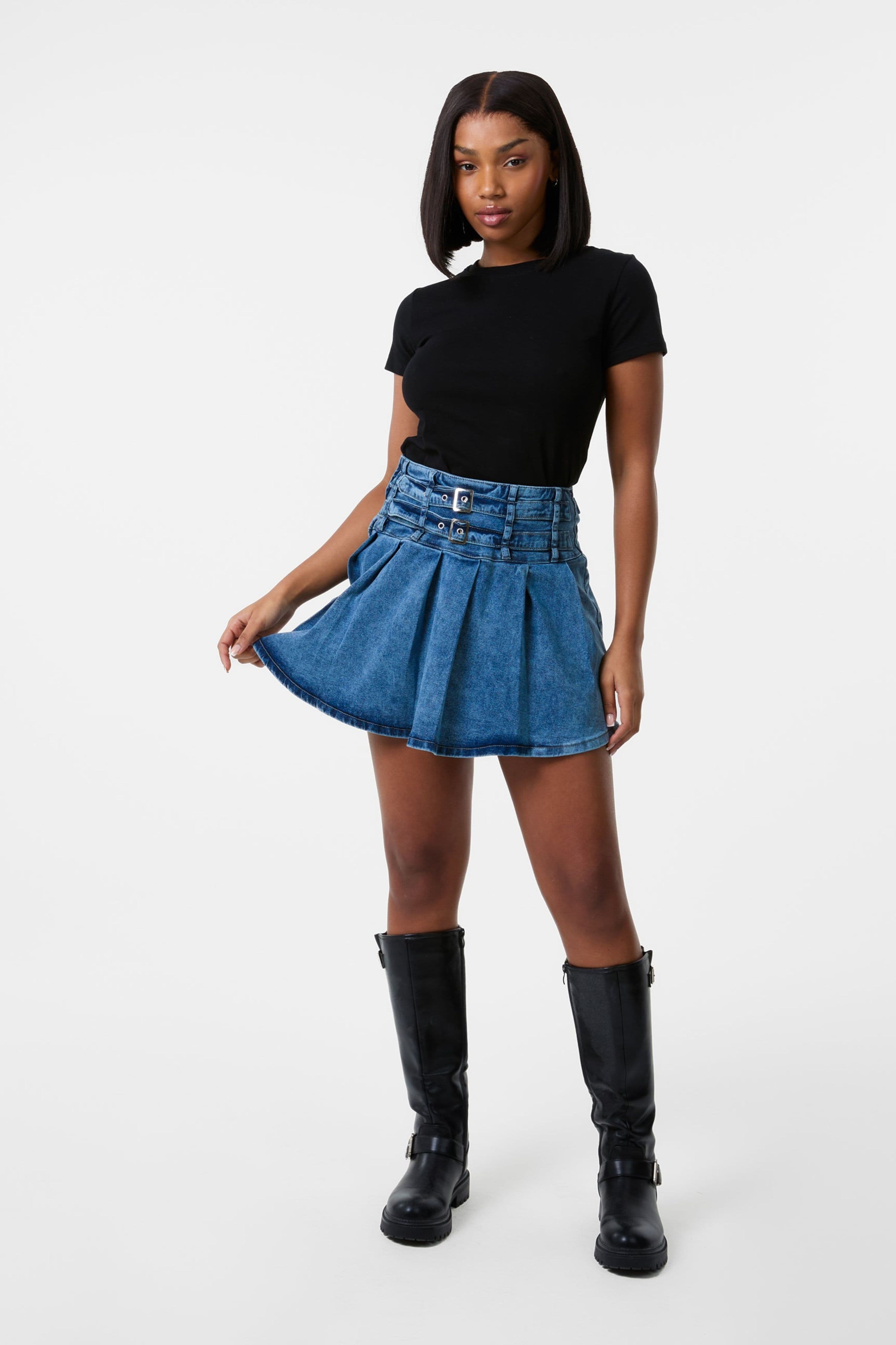 Pink Vanilla Women's Light Blue Denim Double Belt Pleat Mini Skirt