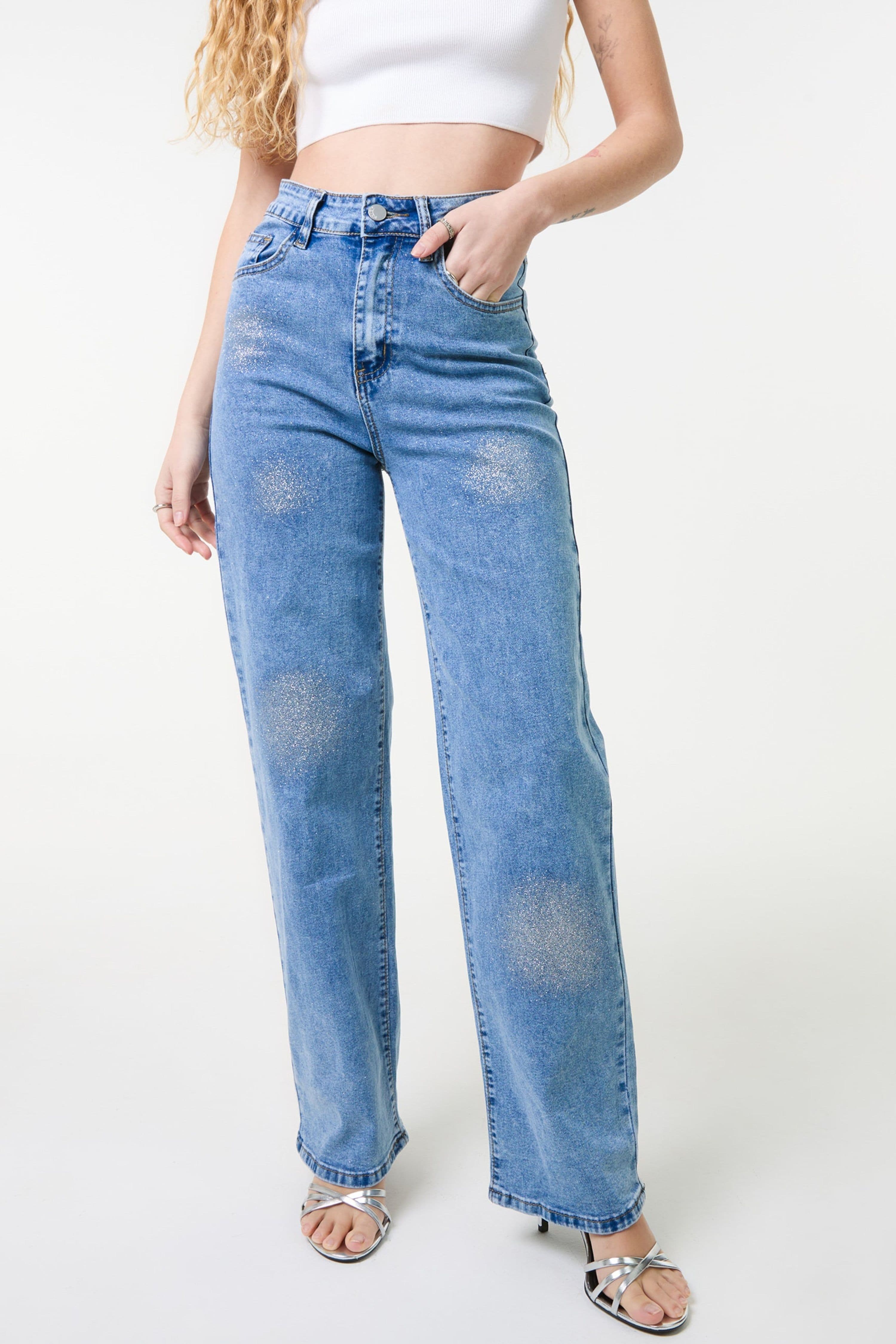 Pink Vanilla Women's Light Blue High Waist Glitter Jeans
