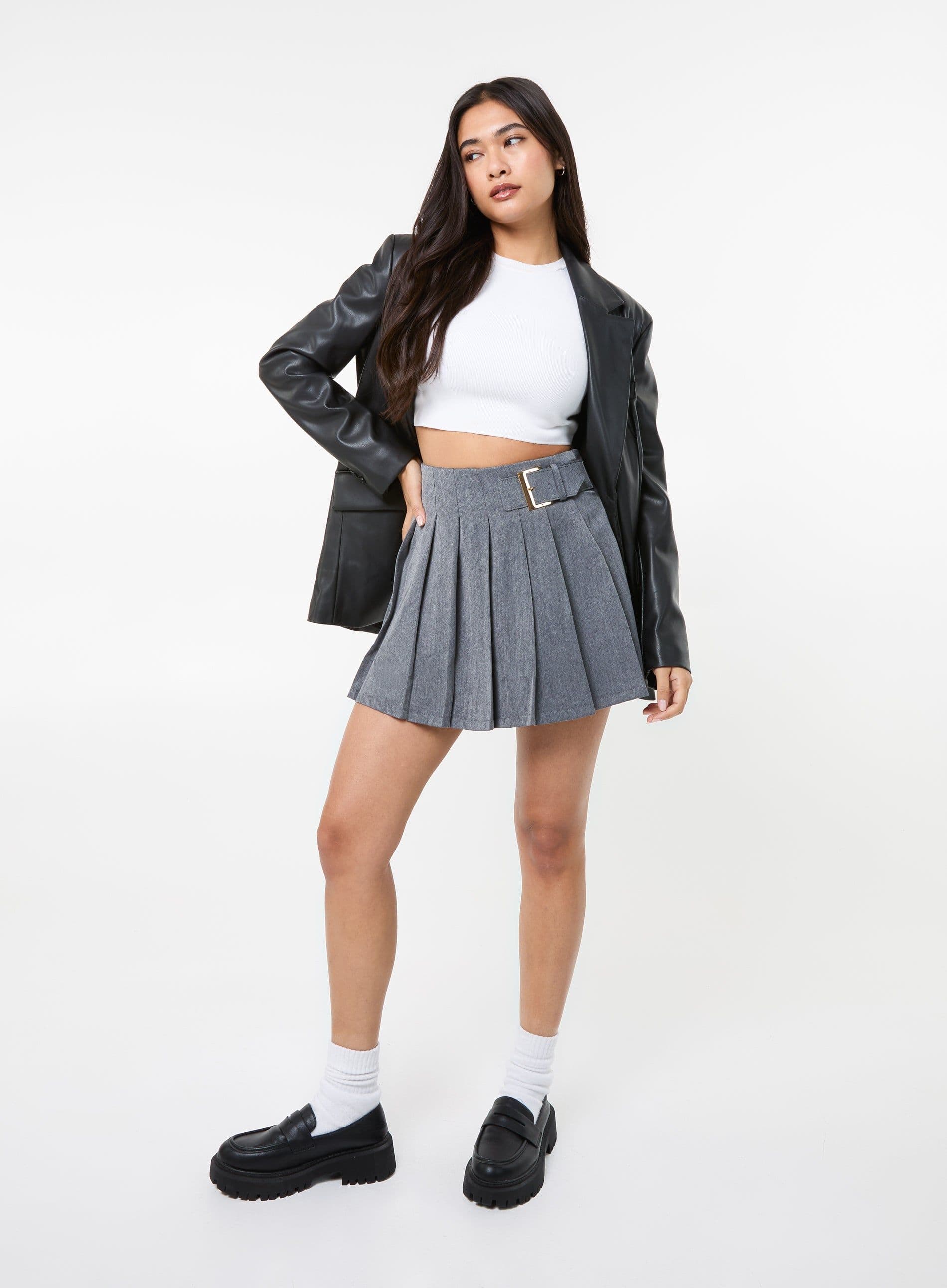 Pink Vanilla Women's Tailored Belted Pleat Mini Skirt in Grey