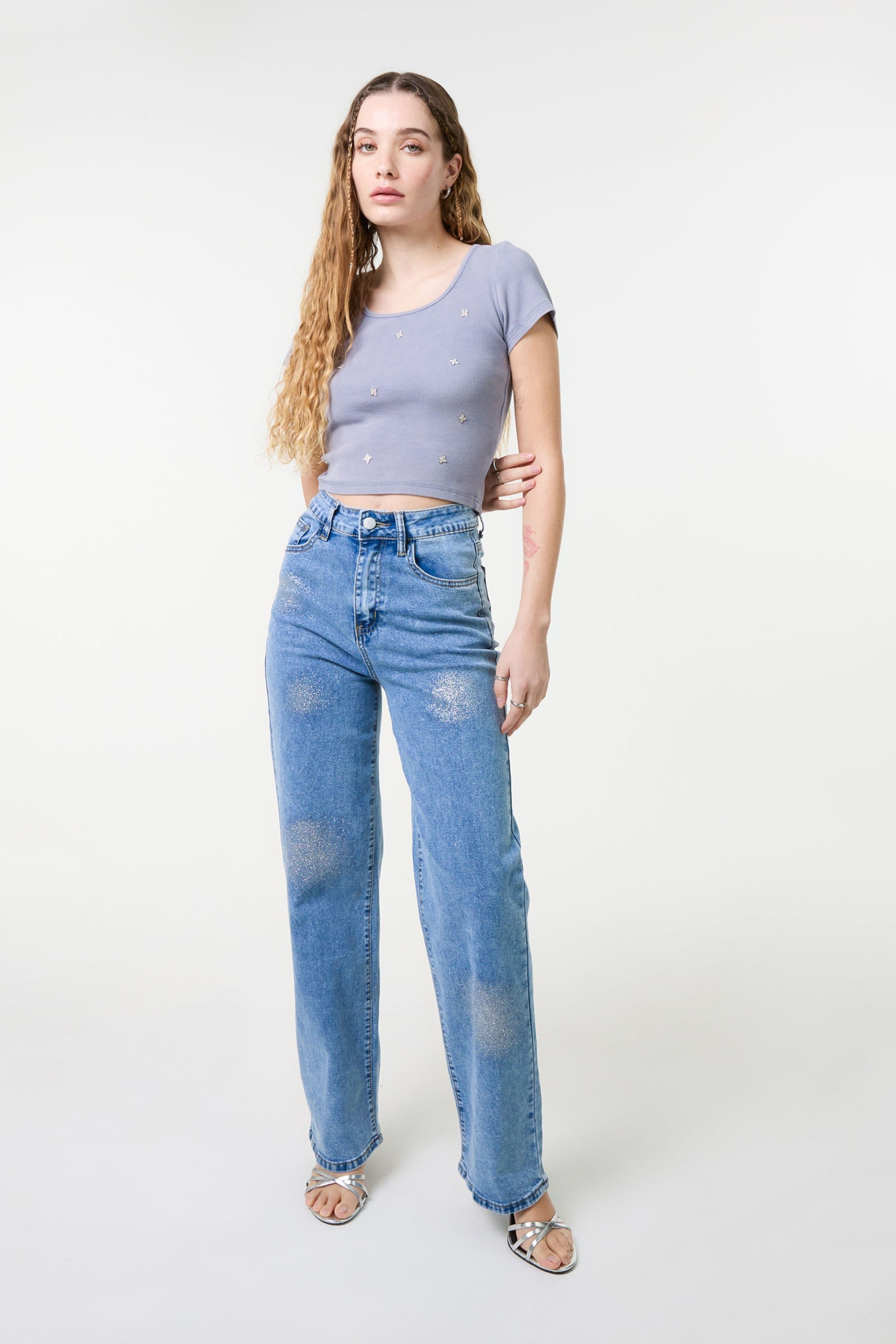 Pink Vanilla Women's Blue Embellished Wash Rib Top