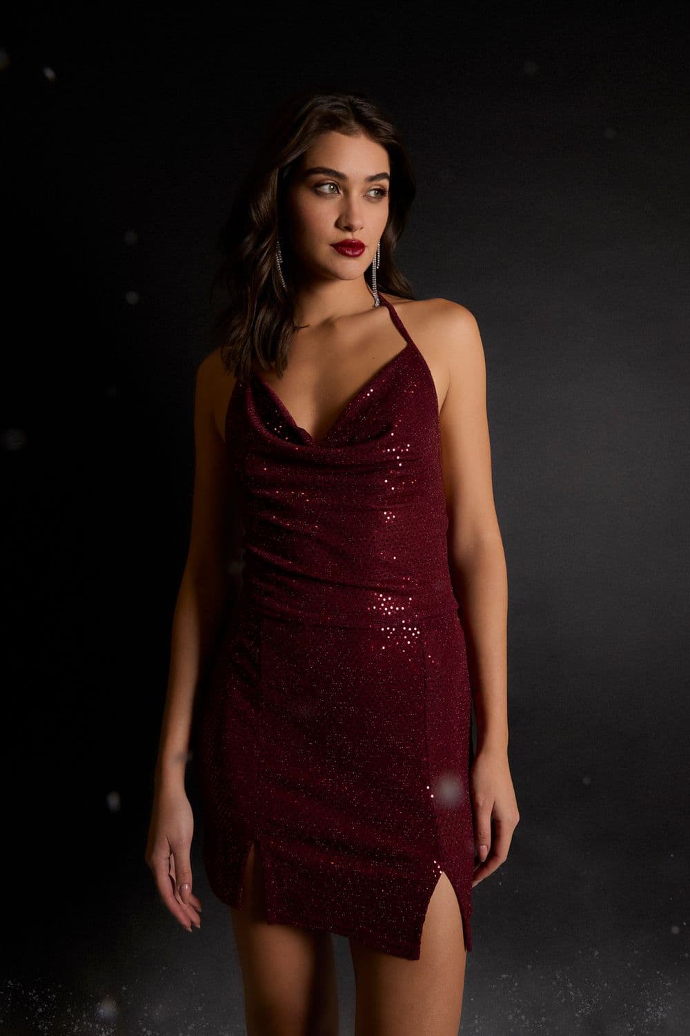 Pink Vanilla Women's Mirror Sequin Halter Crop Top in Wine