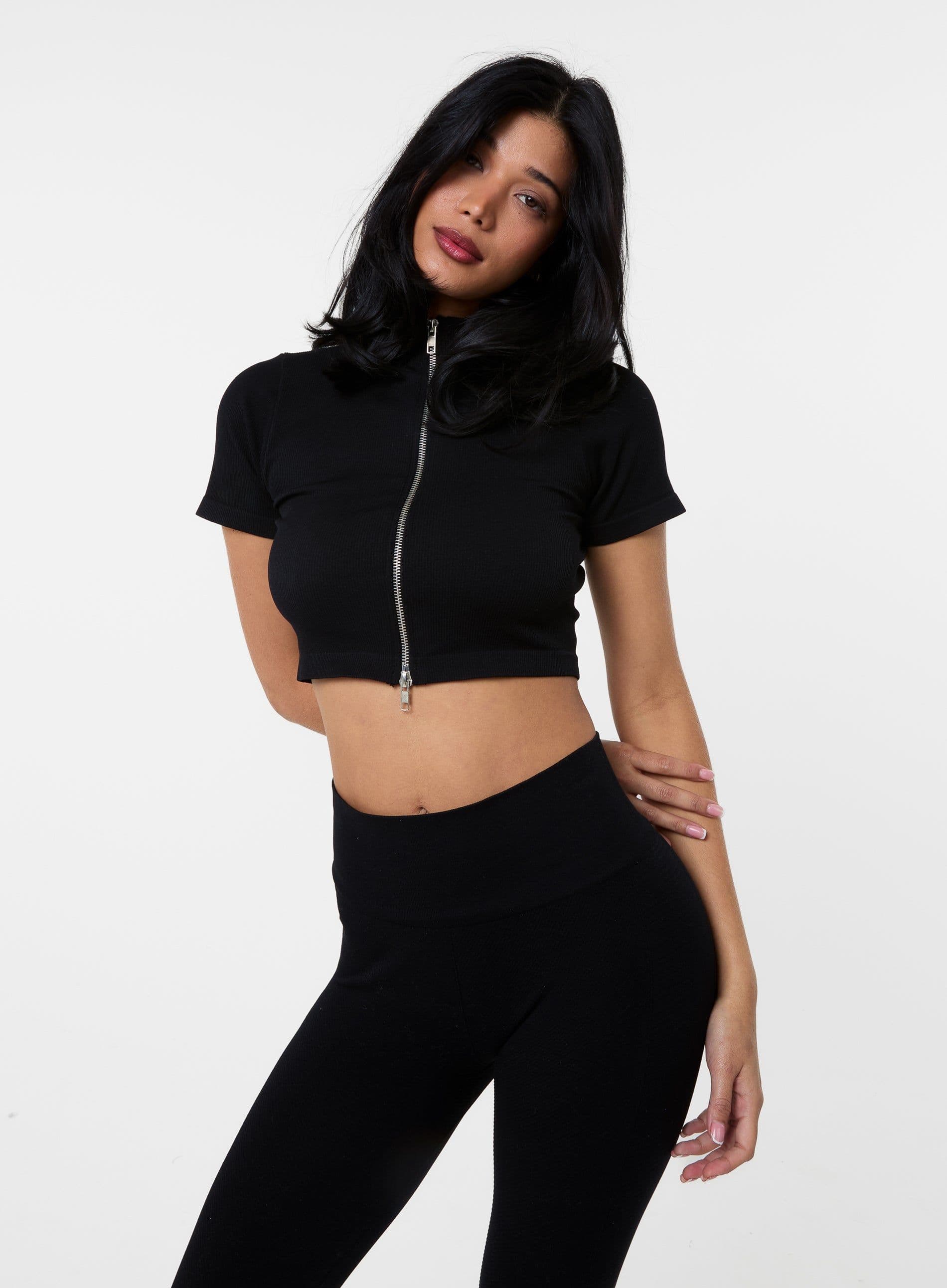 Pink Vanilla Women's Double Zip Short Sleeve Rib Top in Black