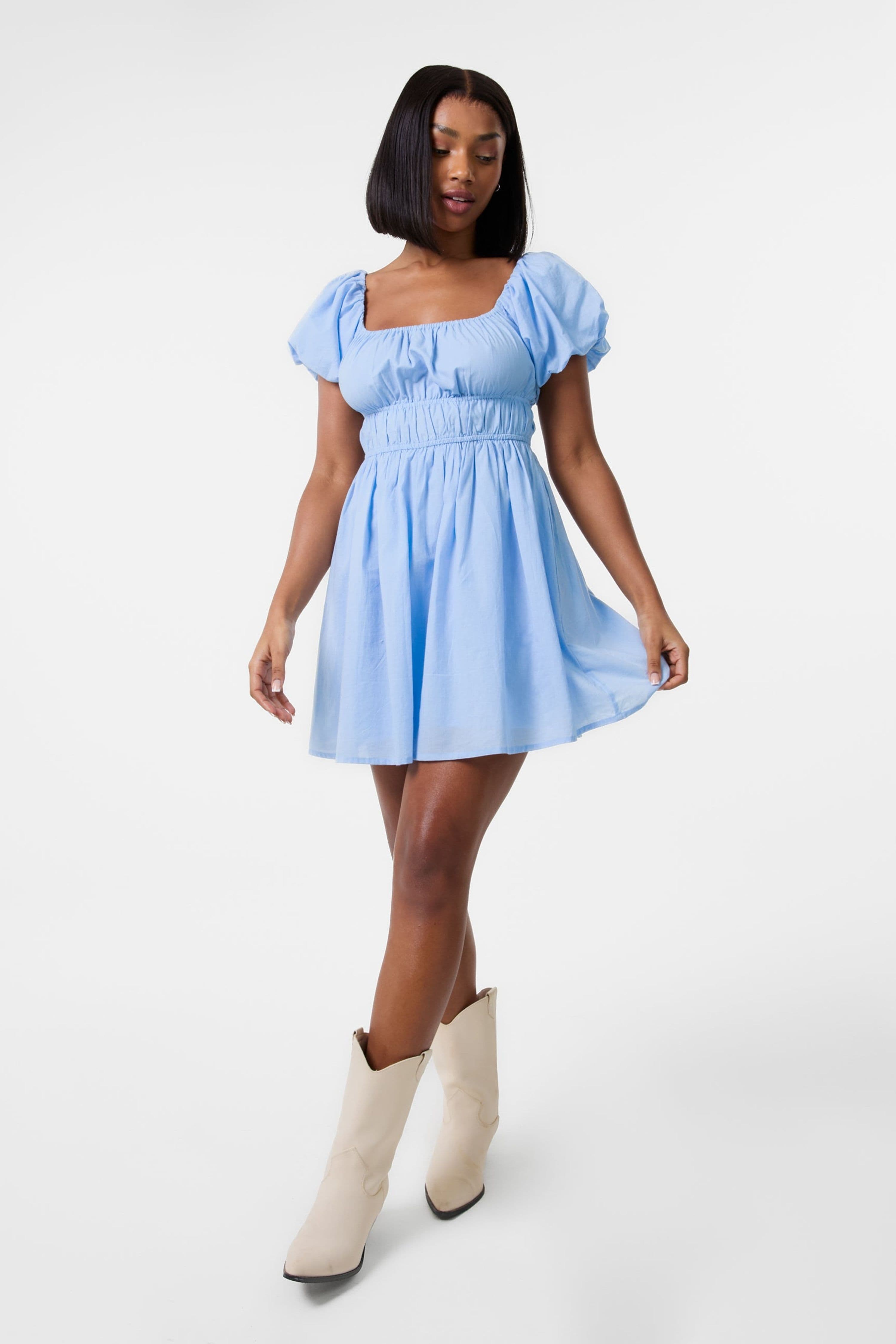 Pink Vanilla Women's Light Blue Puff Sleeve Mini Dress with Shorts