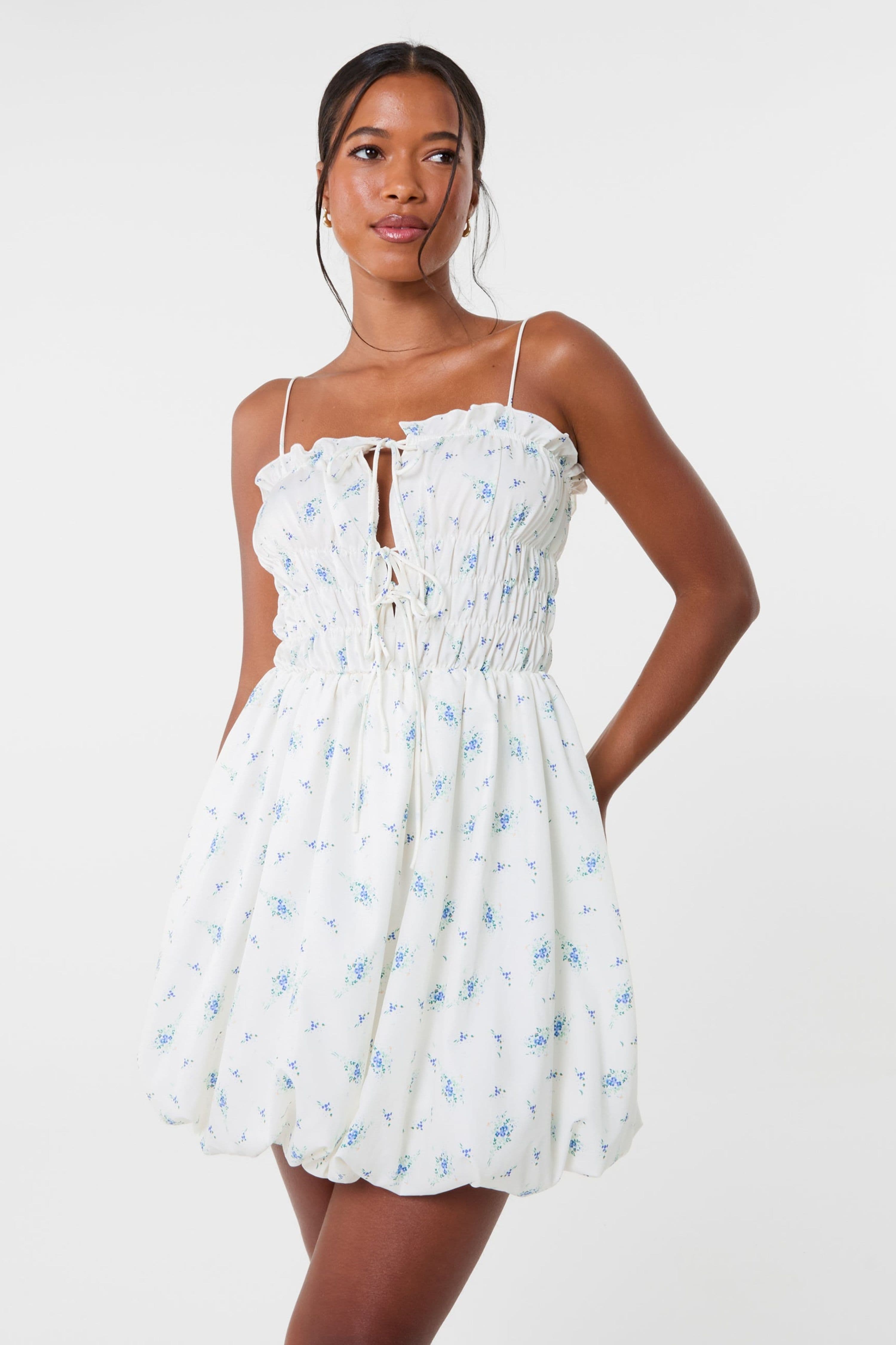 Pink Vanilla Women's Ivory Tie Front Ditsy Puffball Dress