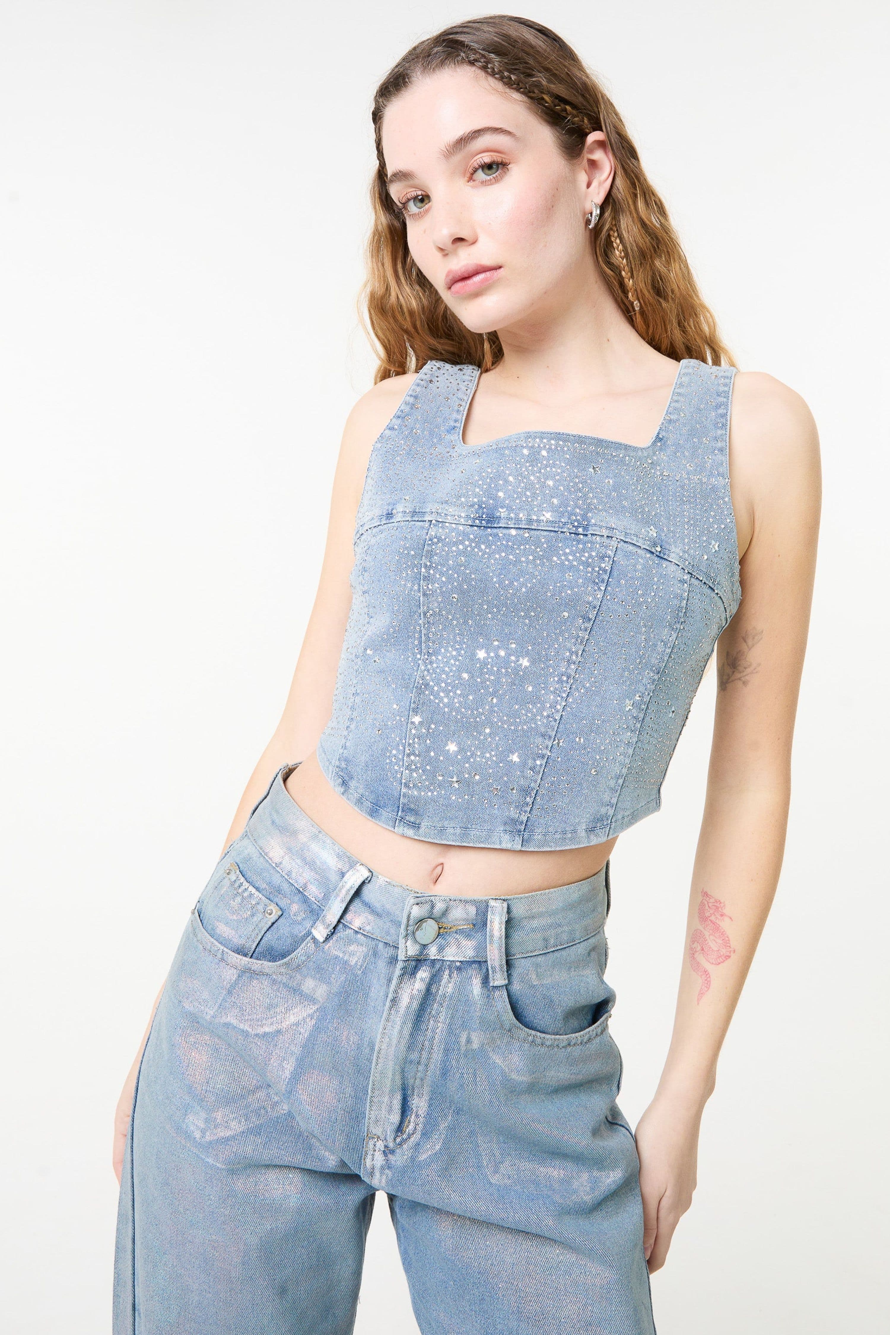 Pink Vanilla Women's Light Blue Diamante Denim Corset Top