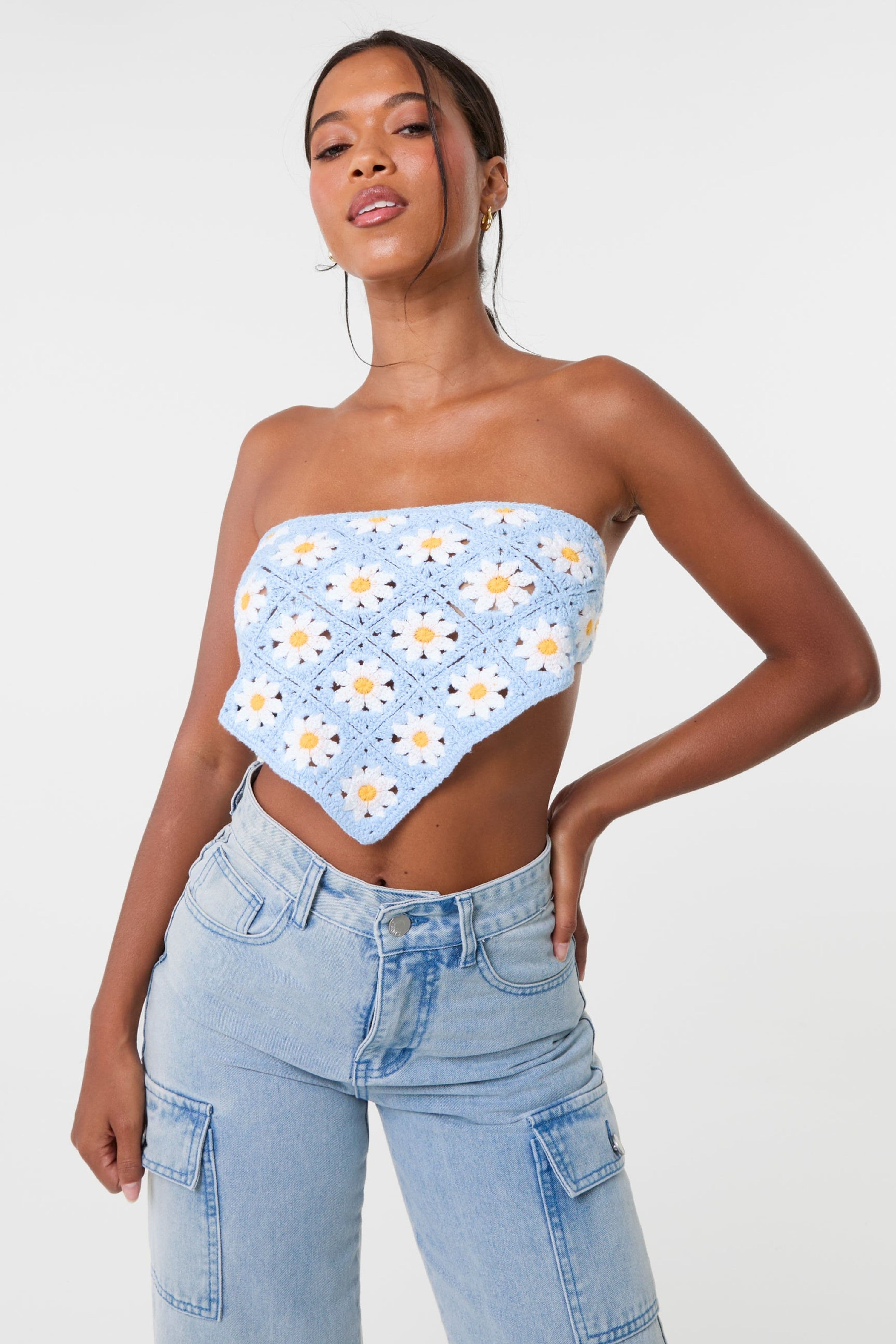 Pink Vanilla Women's Blue Daisy Crochet Hanky Top