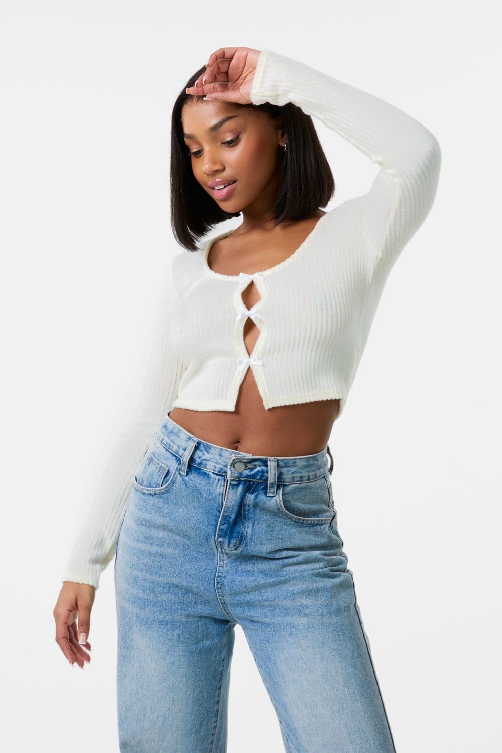 Pink Vanilla Women's Brushed Rib Bow Top in Ivory
